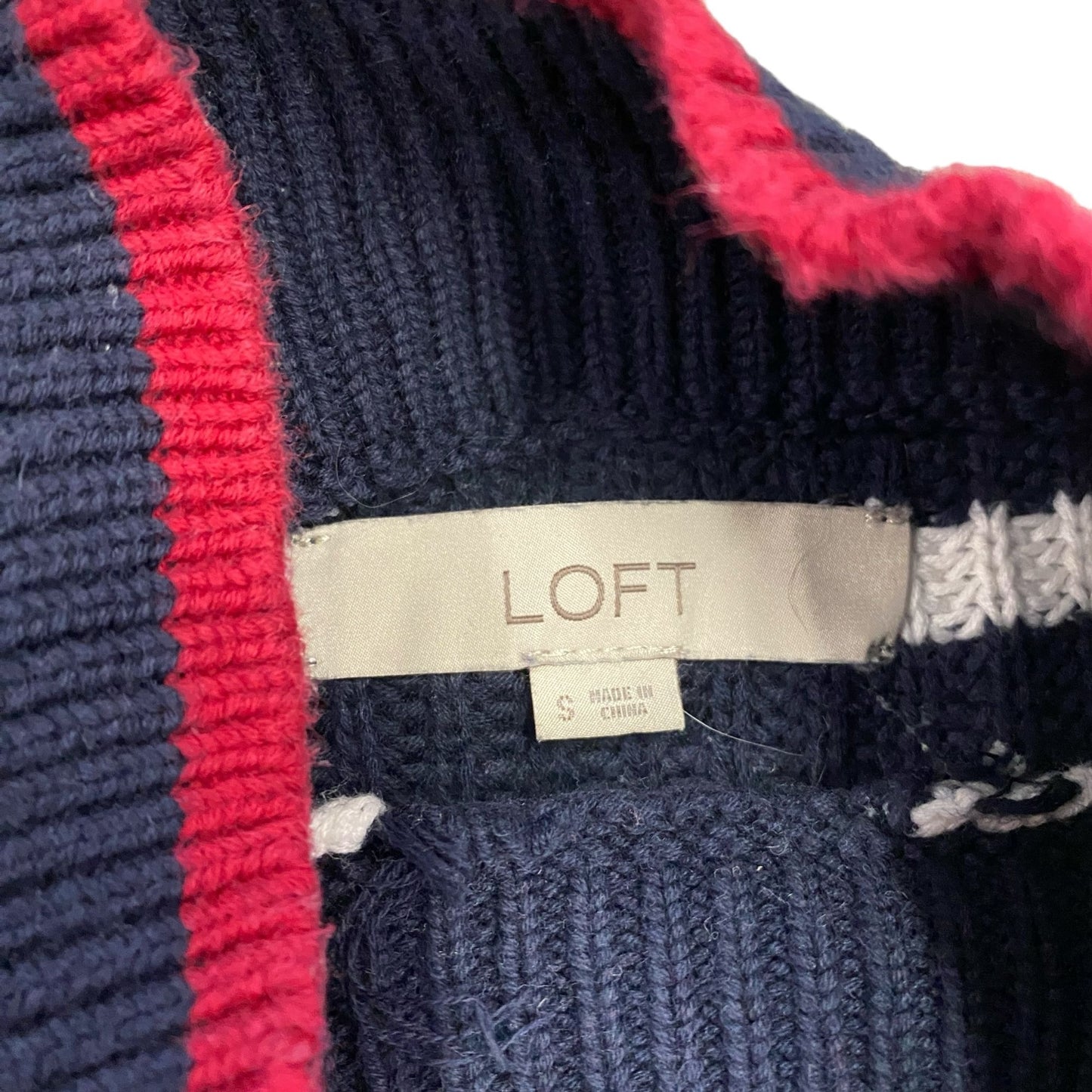 LOFT S Striped Sweater Blue Red White Mock Neck Boyfriend Cable Knit Ribbed