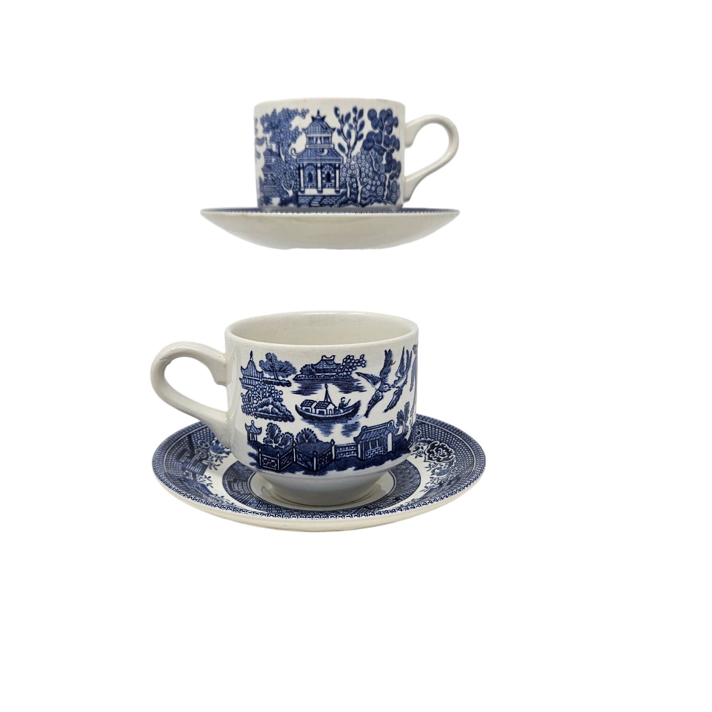 Vintage Churchill Blue White Willow Tea Cup and Saucer Set of 2 England 1950s