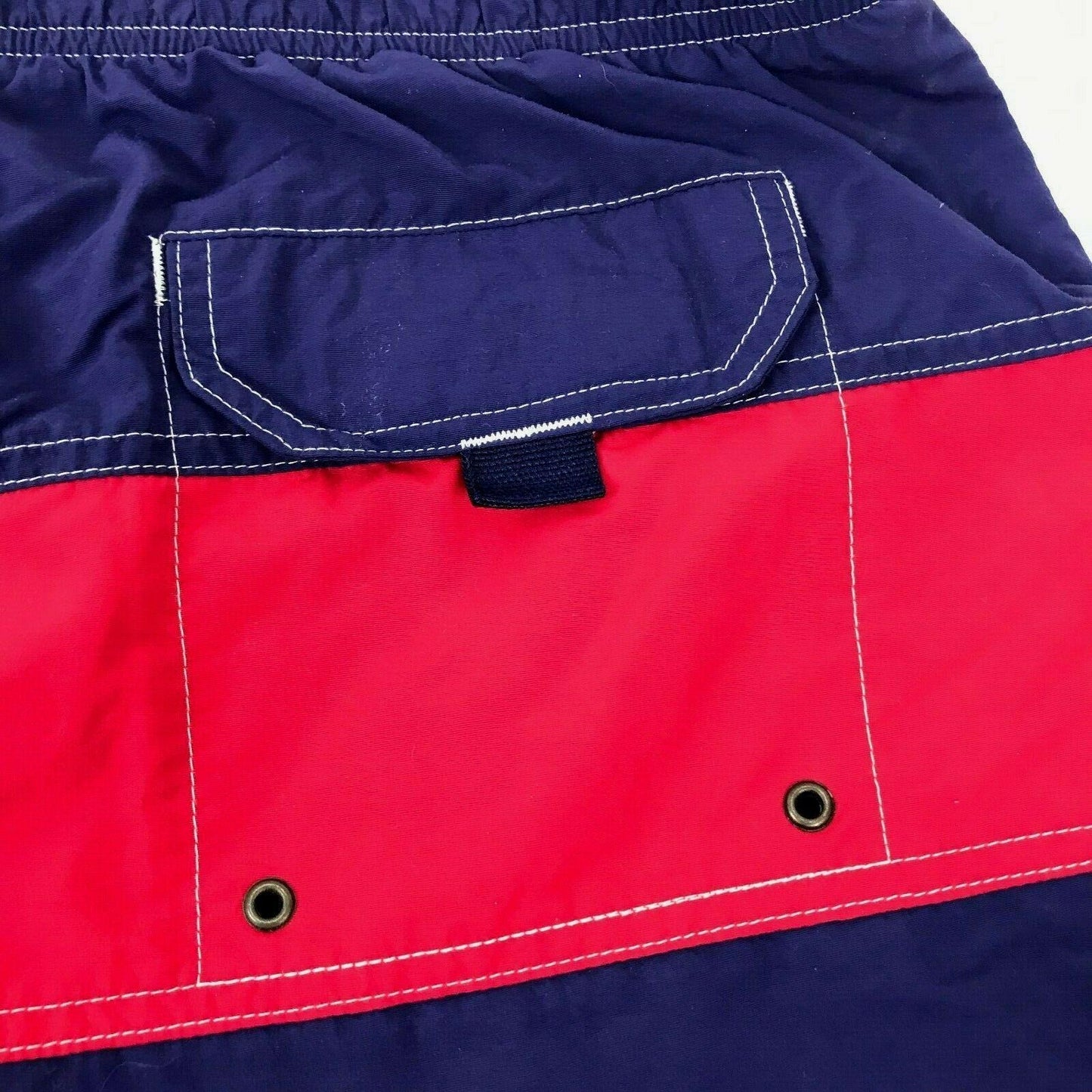 Lands End XXL 44-48 Red Blue Drawstring Swim Trunks Elastic Waist Lined Pockets