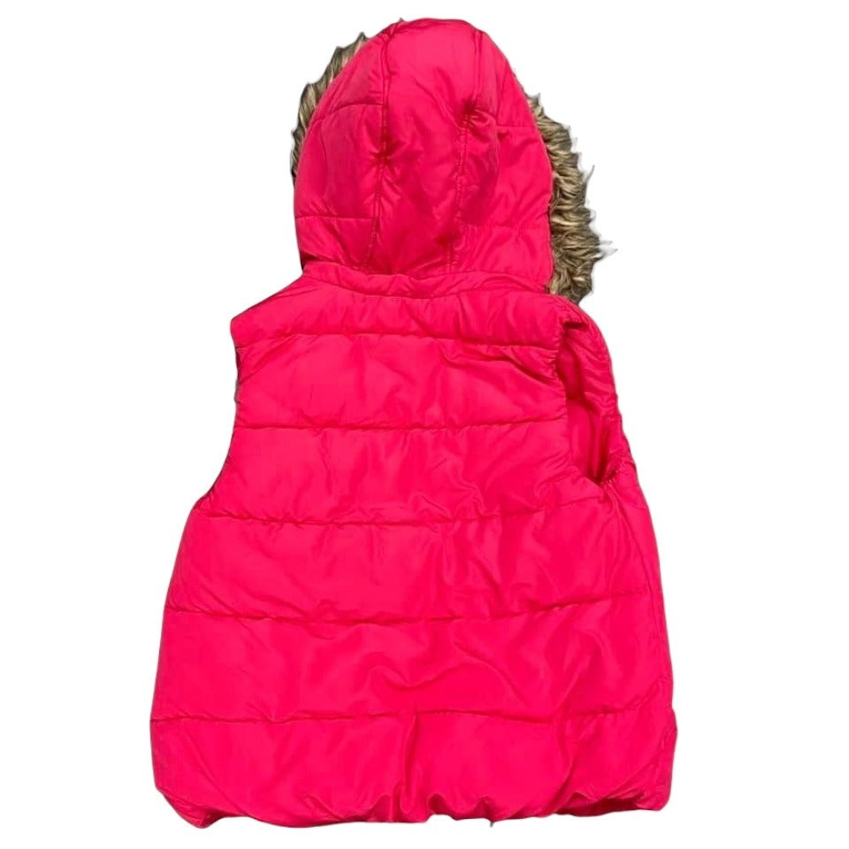 Justice 14 Pink Puffer Vest Faux Fur Lined Full Zip Removable Hoodie Girls