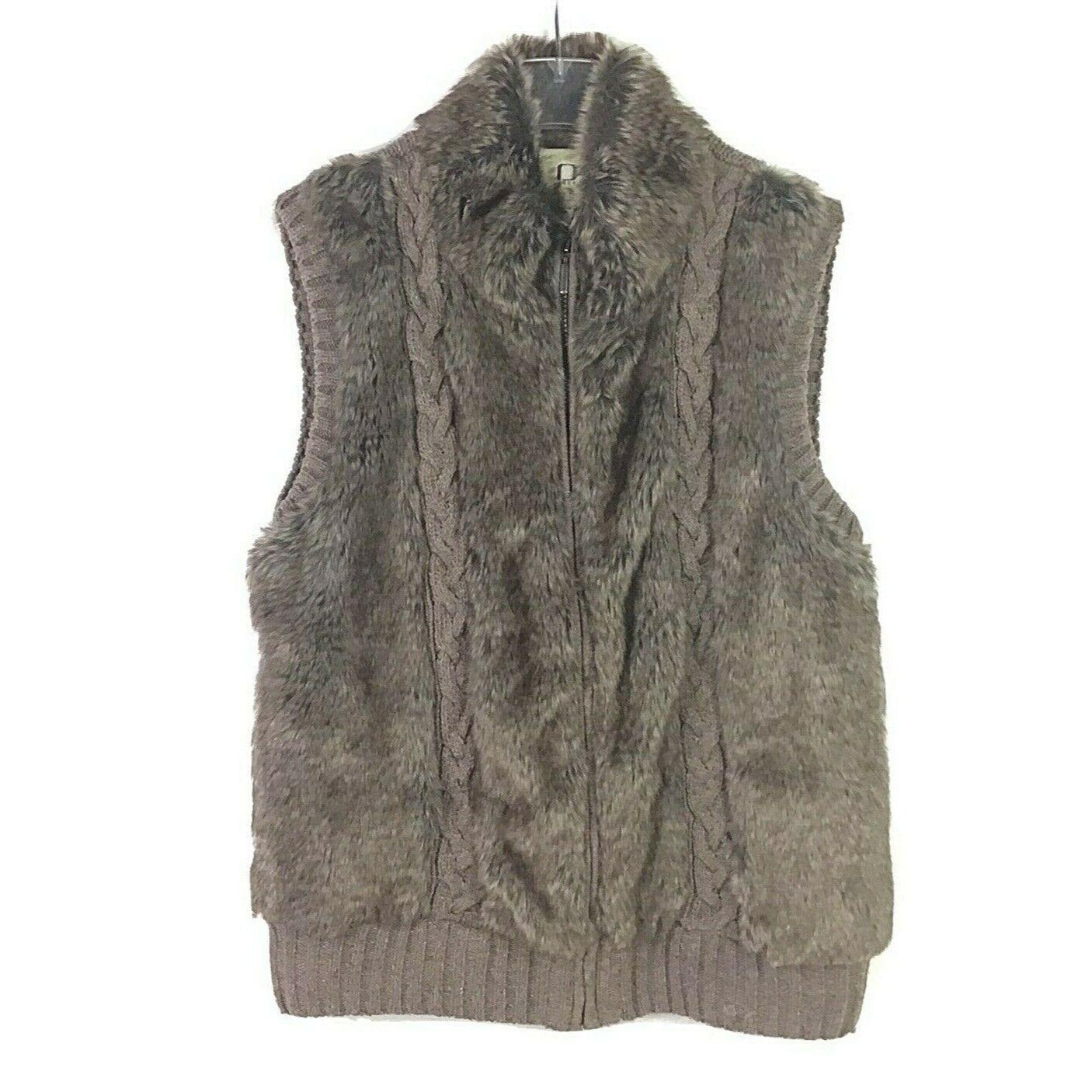 Fuda Womens L Brown Faux Fur Sweater Vest Full Zip Lined Soft Pockets Cable Knit