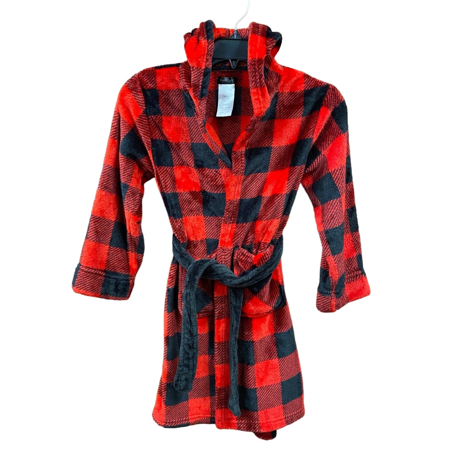 Cuddl Duds M 8/10 Youth Buffalo Plaid Plush Bath Robe Black Red Fuzzy Hooded