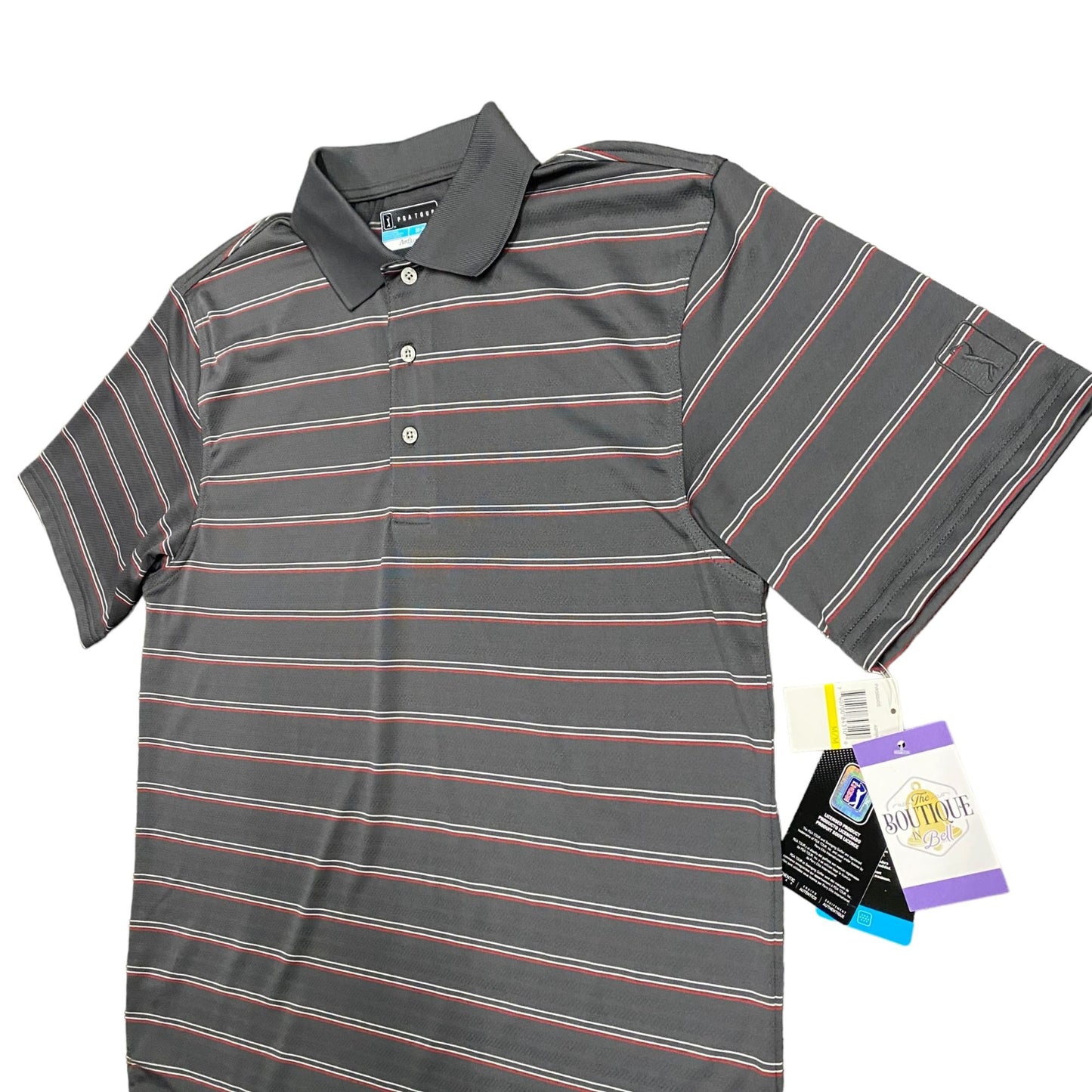 NWT PGA Tour Airflux Mens M Striped Golf Polo Shirt Grey Red Short Sleeve