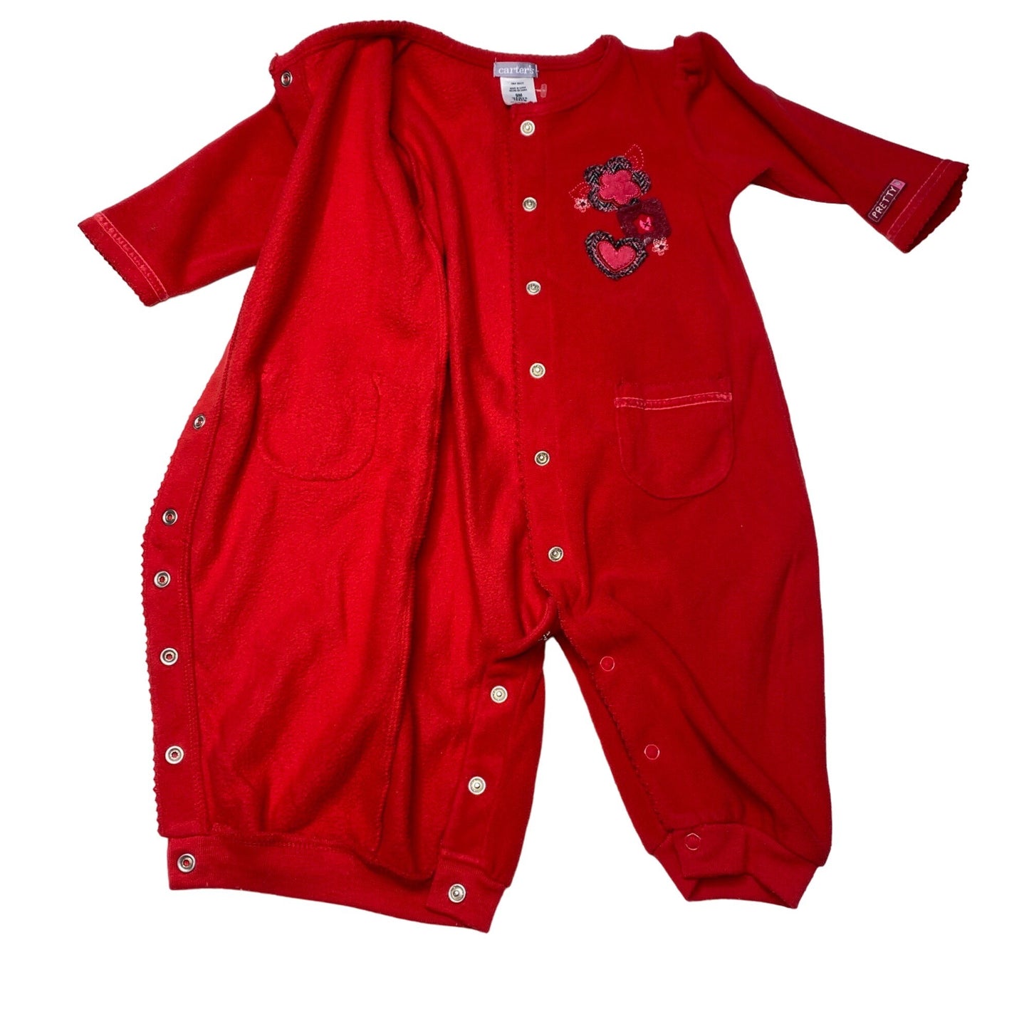 Carters 9M Red Fleece Onesie Full Snap Pretty Heart Floral Embroidered Valentine