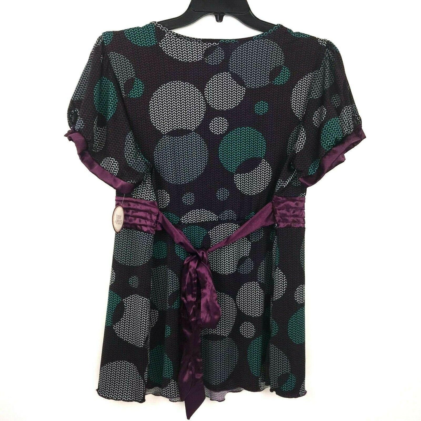 NWT Hot Tempered 3XL Purple Black Print Satin Trim Blouse Surplice VNeck Tie