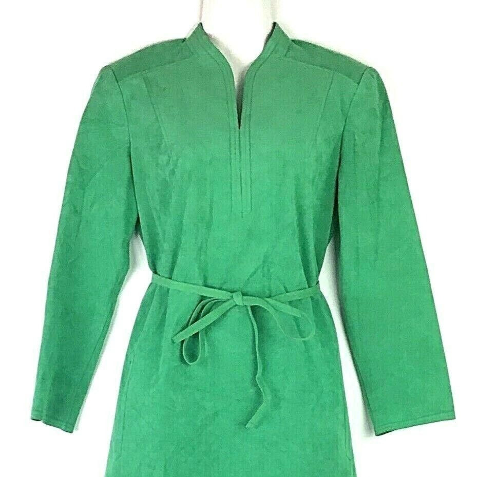 Vintage Posh Ultrasuede Womens 10 Green Dress Long Sleeve Belted Pockets 1970s