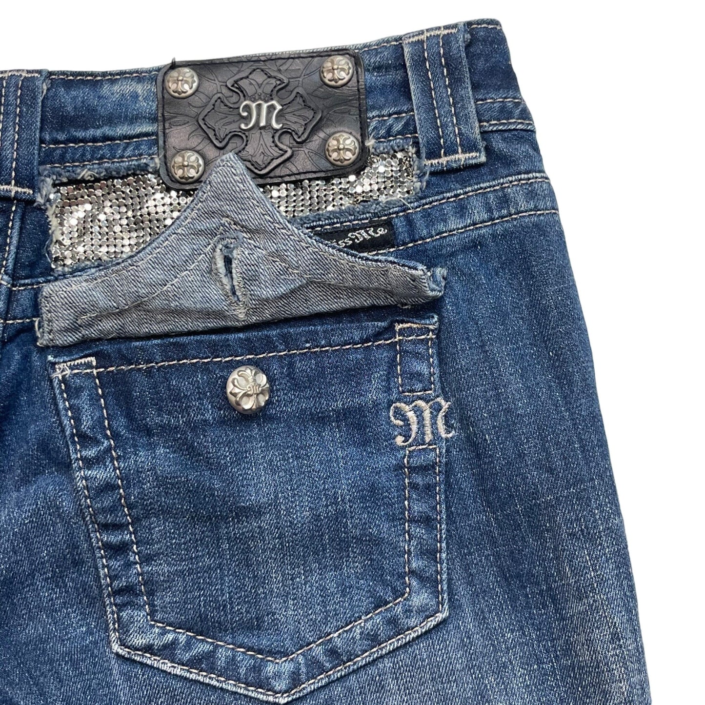 Miss Me 32x35 Blue Denim Bootcut Jeans Flap Pockets Chainmail Armor Bling Biker