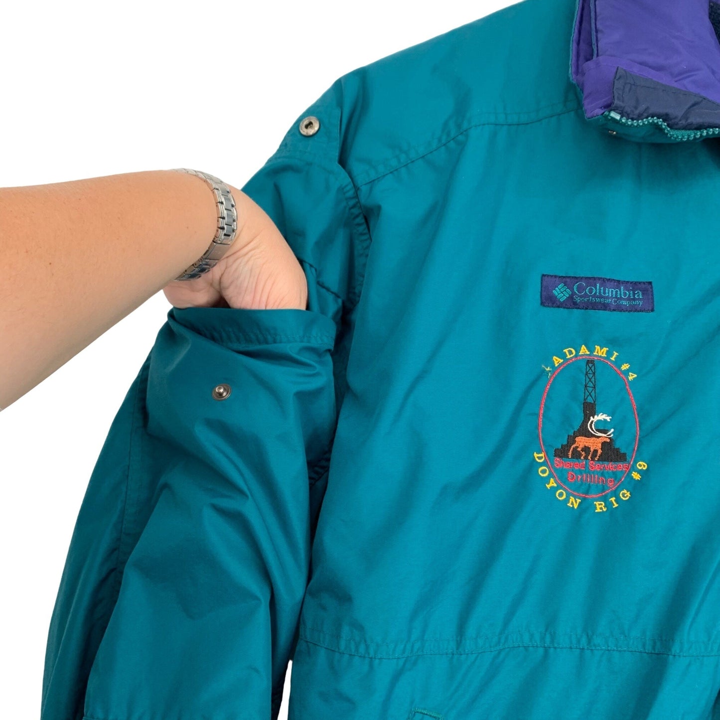 Vintage Columbia XL 2 In 1 Jacket Teal Purple Fleece Lined Zipper Pockets Full Zip