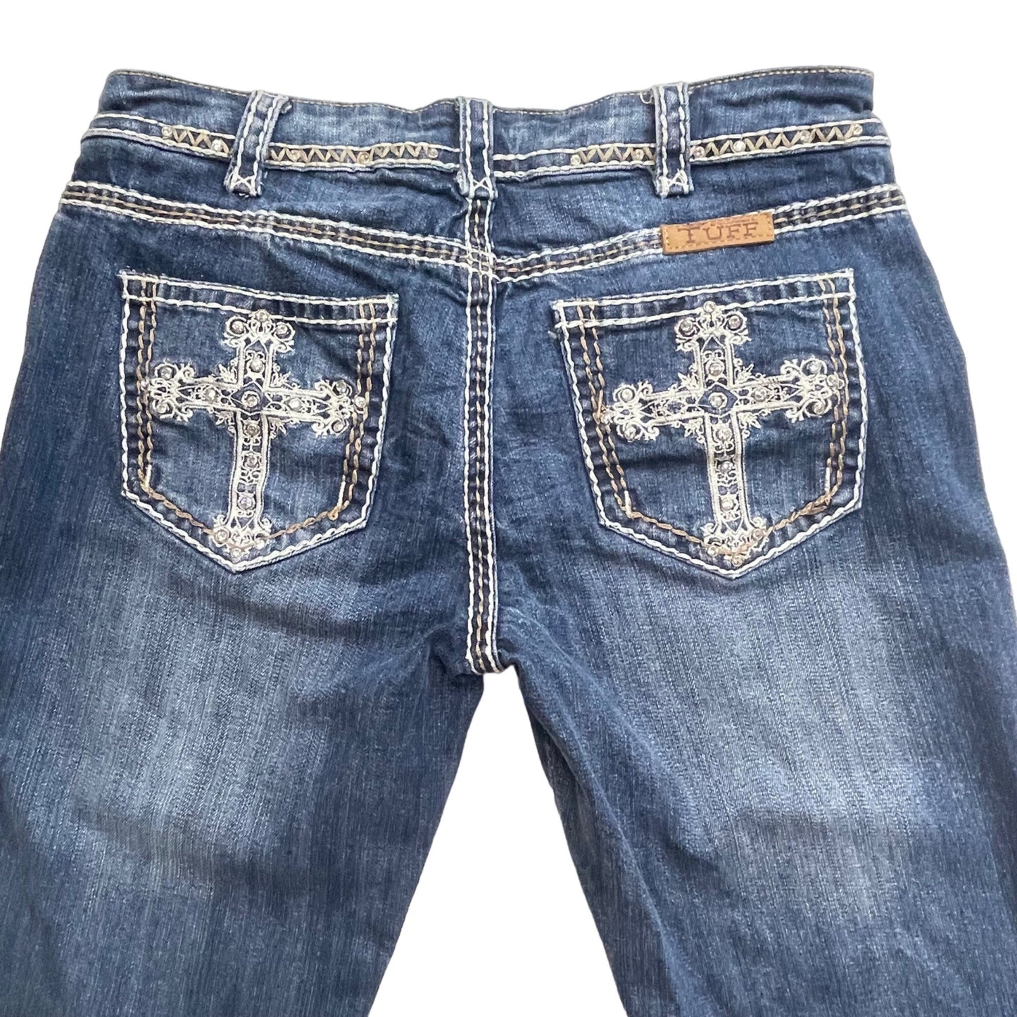 Cowgirl Tuff 28x35 Victory Cream Blue Jeans Thick Stitch Cross Bling Denim