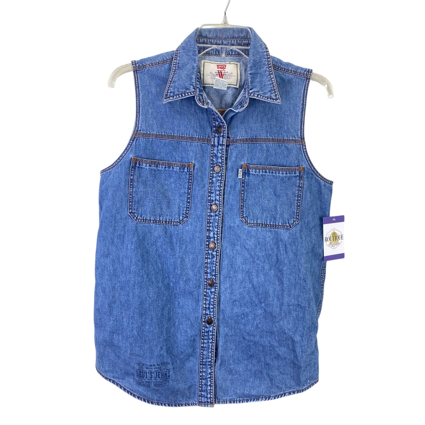 Vtg 90s Levis Womens M Denim Sleeveless Top Metal Logo Buttons Pockets White Tab