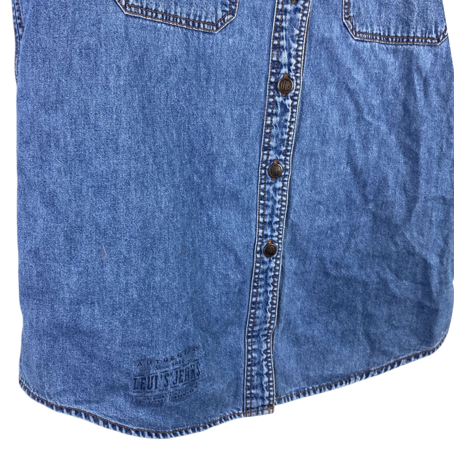 Vtg 90s Levis Womens M Denim Sleeveless Top Metal Logo Buttons Pockets White Tab