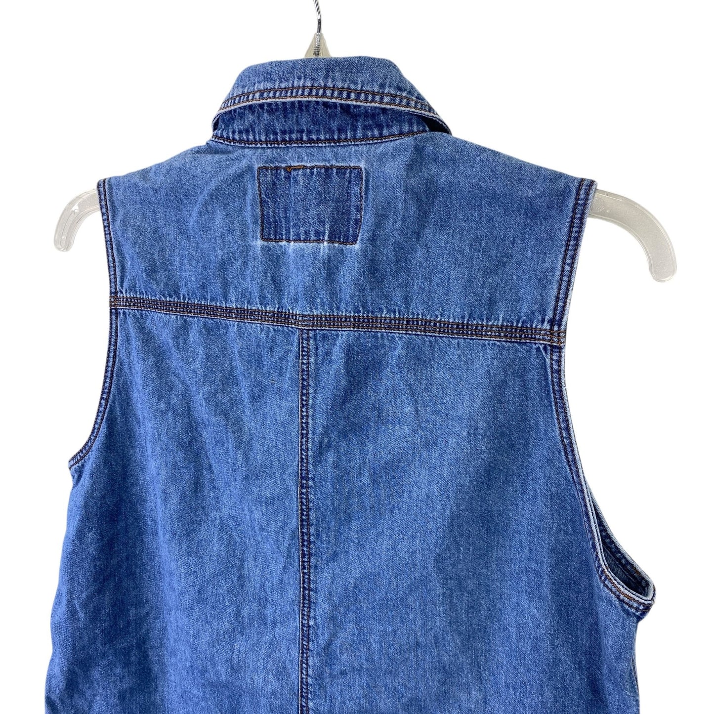 Vtg 90s Levis Womens M Denim Sleeveless Top Metal Logo Buttons Pockets White Tab