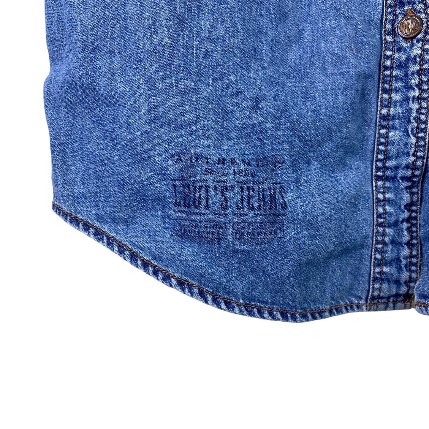 Vtg 90s Levis Womens M Denim Sleeveless Top Metal Logo Buttons Pockets White Tab