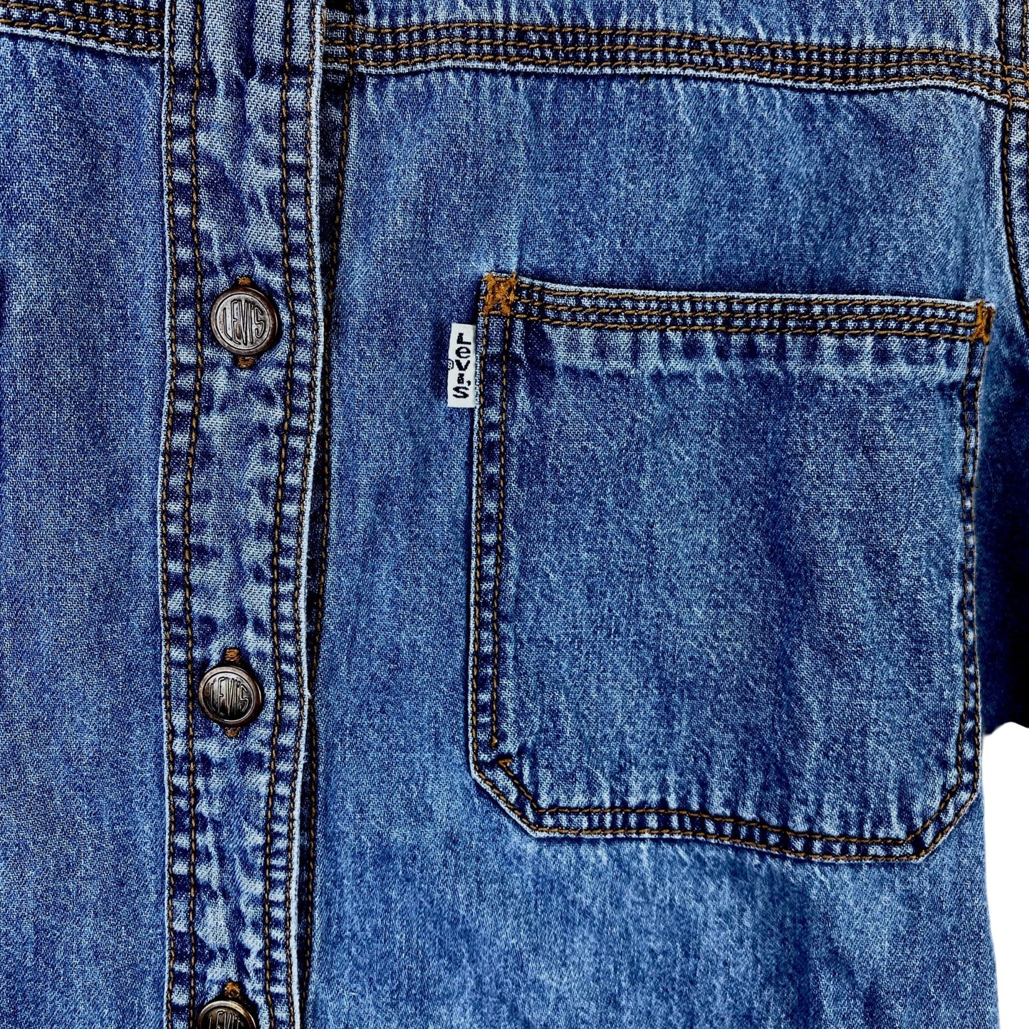 Vtg 90s Levis Womens M Denim Sleeveless Top Metal Logo Buttons Pockets White Tab