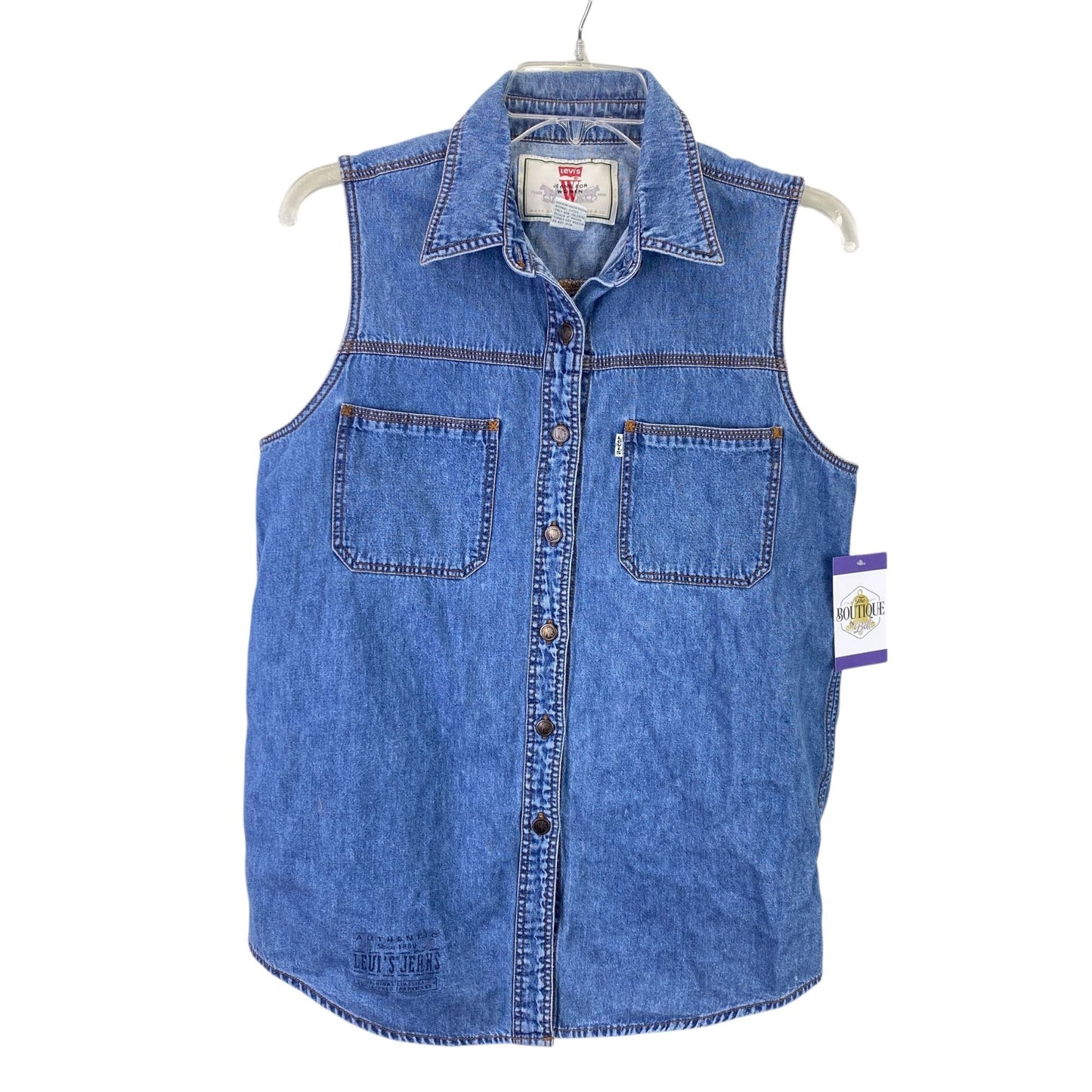 Vtg 90s Levis Womens M Denim Sleeveless Top Metal Logo Buttons Pockets White Tab