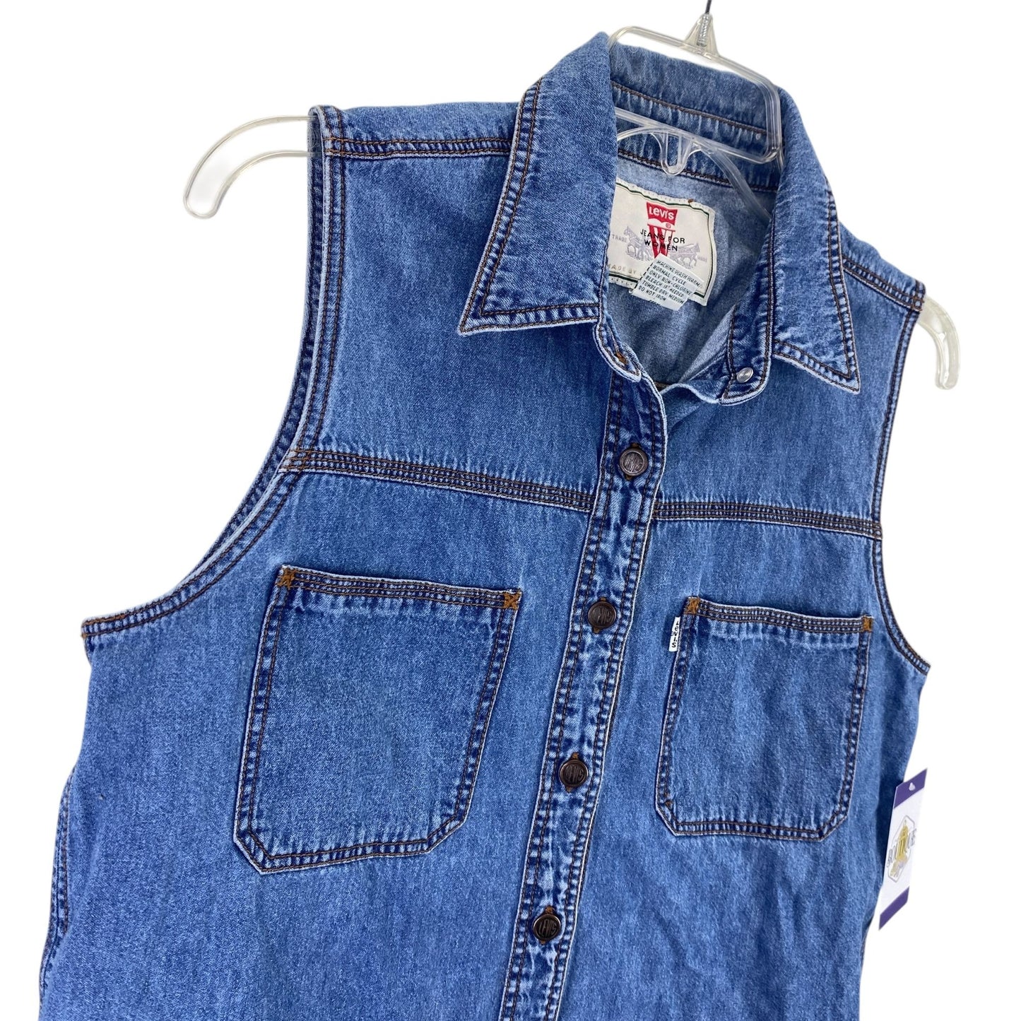 Vtg 90s Levis Womens M Denim Sleeveless Top Metal Logo Buttons Pockets White Tab