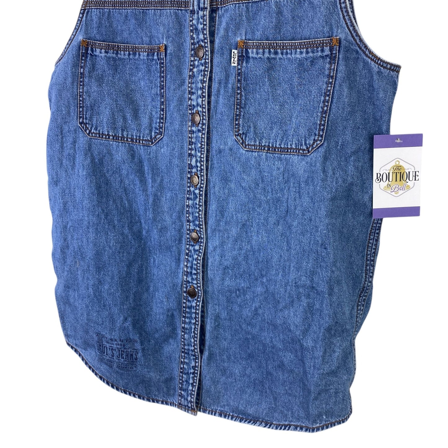 Vtg 90s Levis Womens M Denim Sleeveless Top Metal Logo Buttons Pockets White Tab