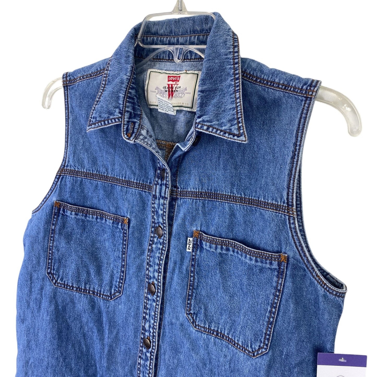 Vtg 90s Levis Womens M Denim Sleeveless Top Metal Logo Buttons Pockets White Tab