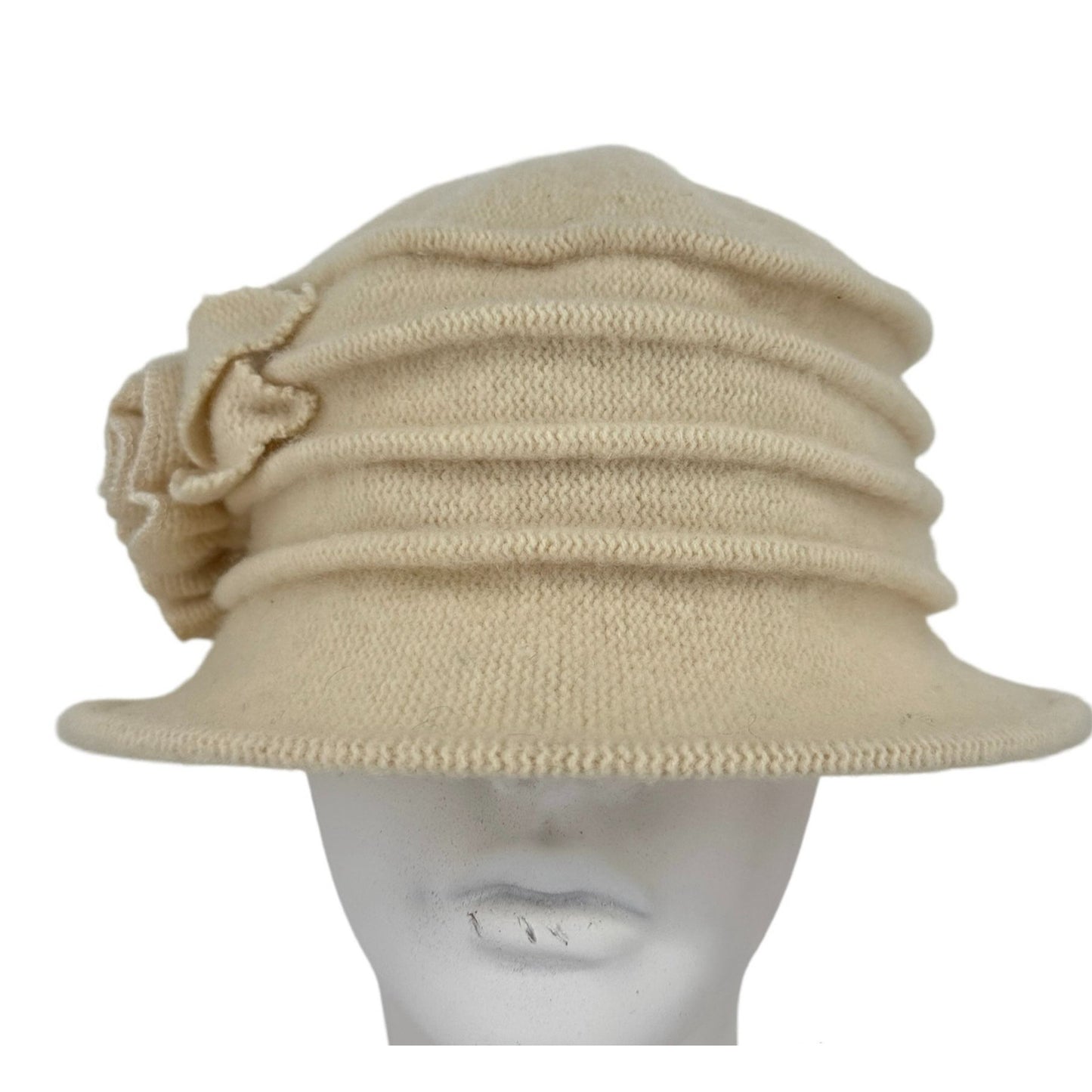 Lawliet Women Cream Cloche Hat Cap Wool Knit Gatsby Floral Accent Packable Retro