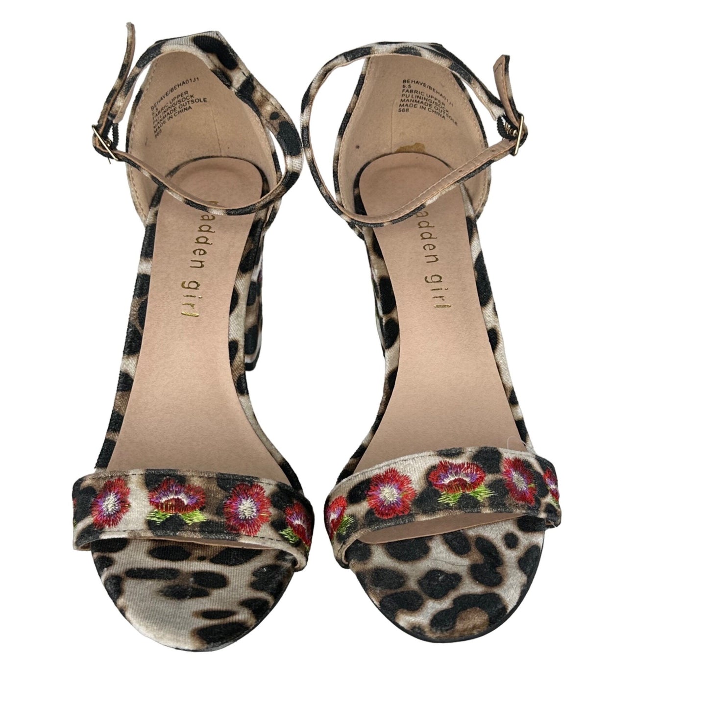 Madden Girl Sandals Size 6.5 Animal Print Behave Embroidered Floral Block Heel