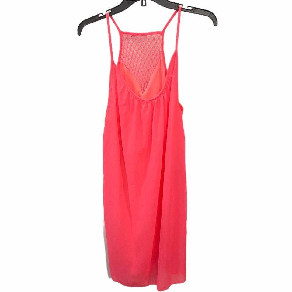 Bright Neon Pink Swim Cover Dress OS Racerback Flowy Lace Back Spaghetti Strap