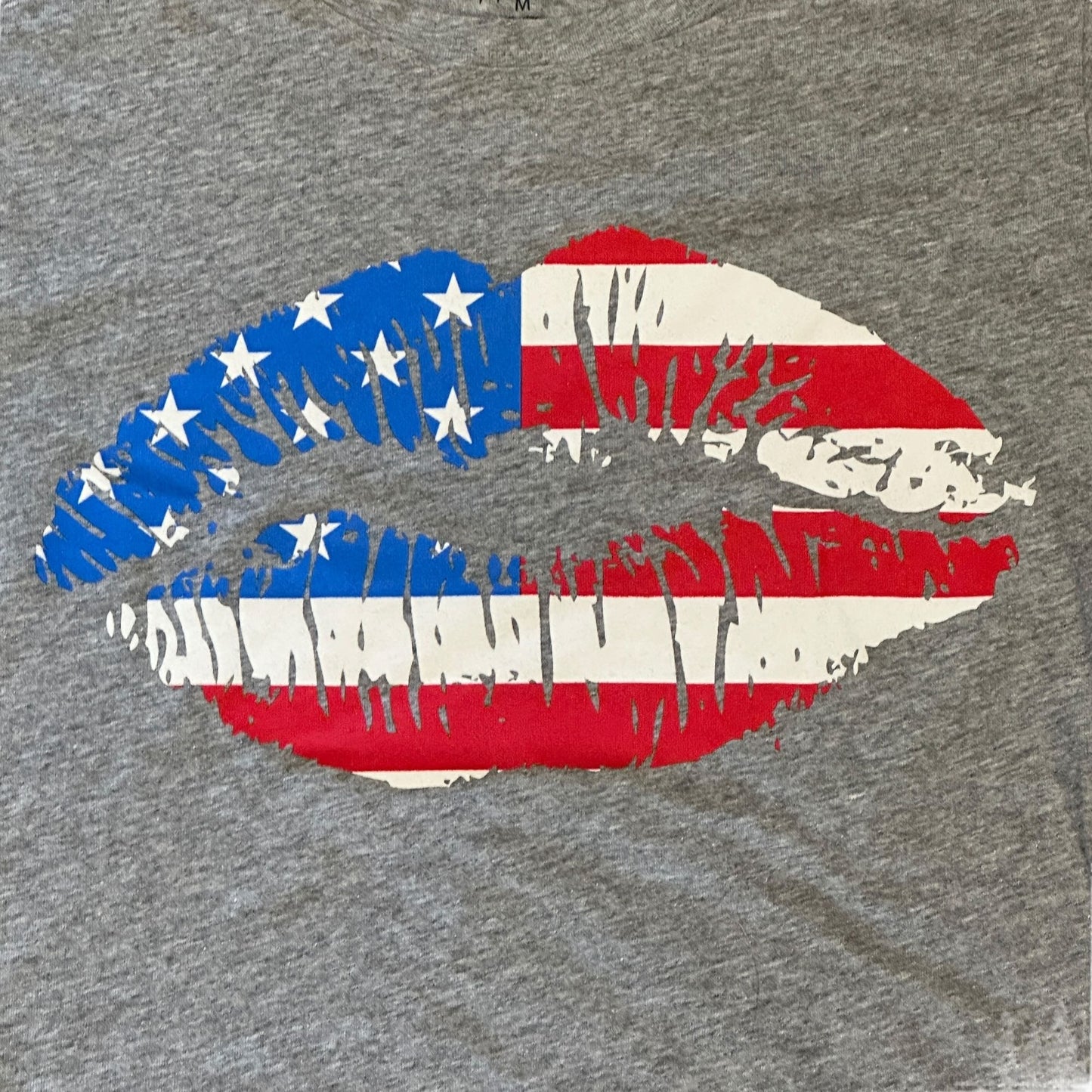 Hybrid Apparel Womens M Patriotic Kiss Tshirt USA Flag Lips Gray Short Sleeve