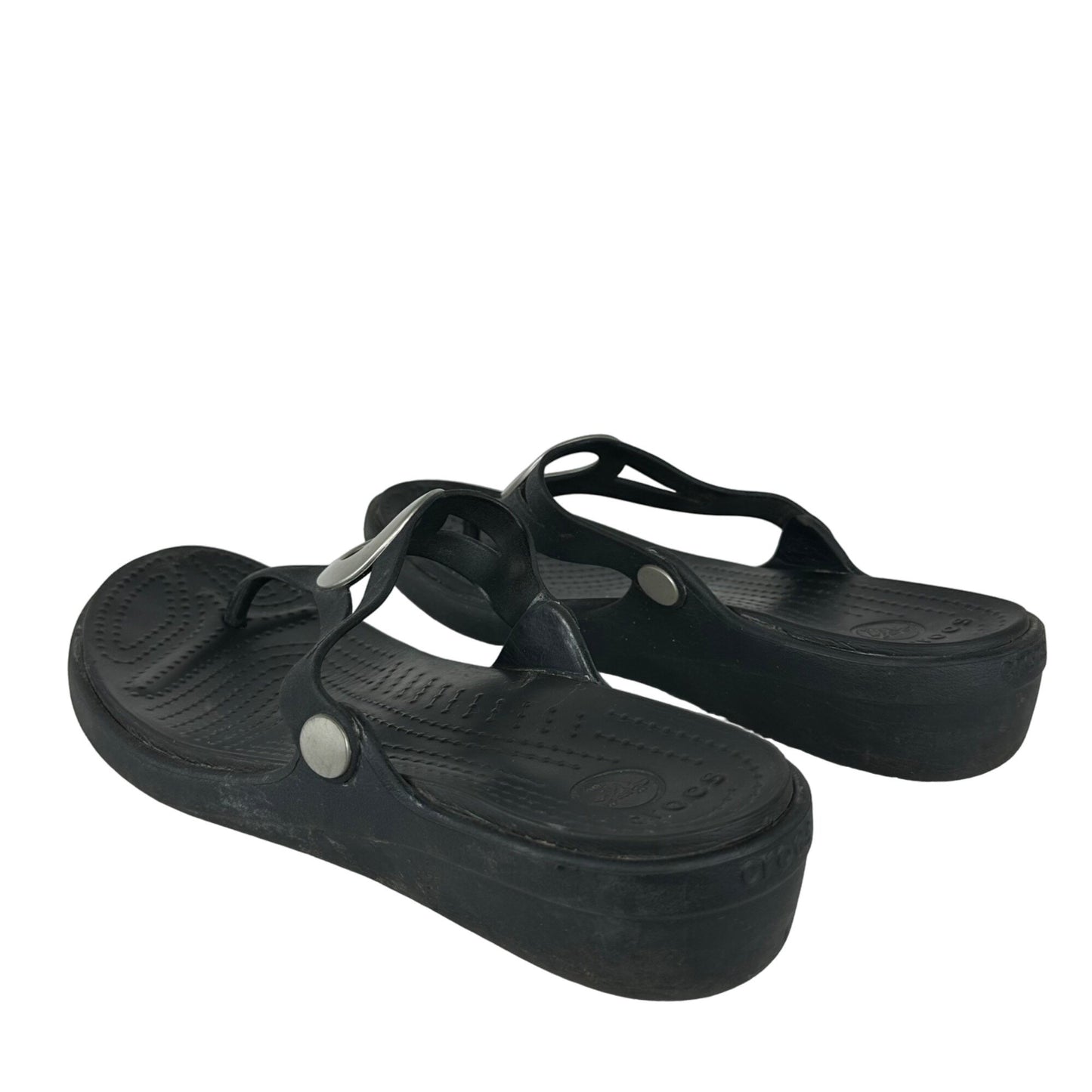 Crocs Womens 11 Black Sanrah Flip Flop Wedge Slip On Sandal Silver Circle Emblem