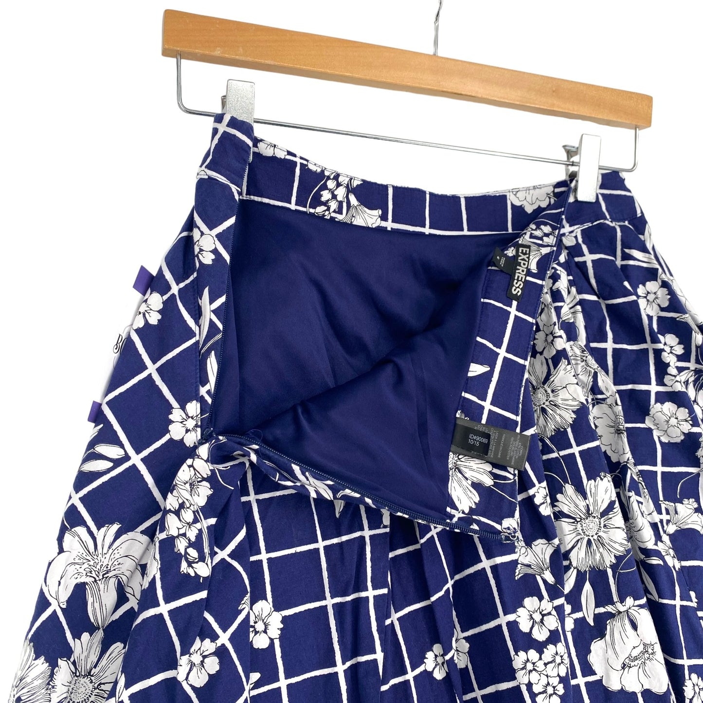 Express 6 Windowpane Floral Skirt Blue White Pleated Pockets Stretch Side Zip