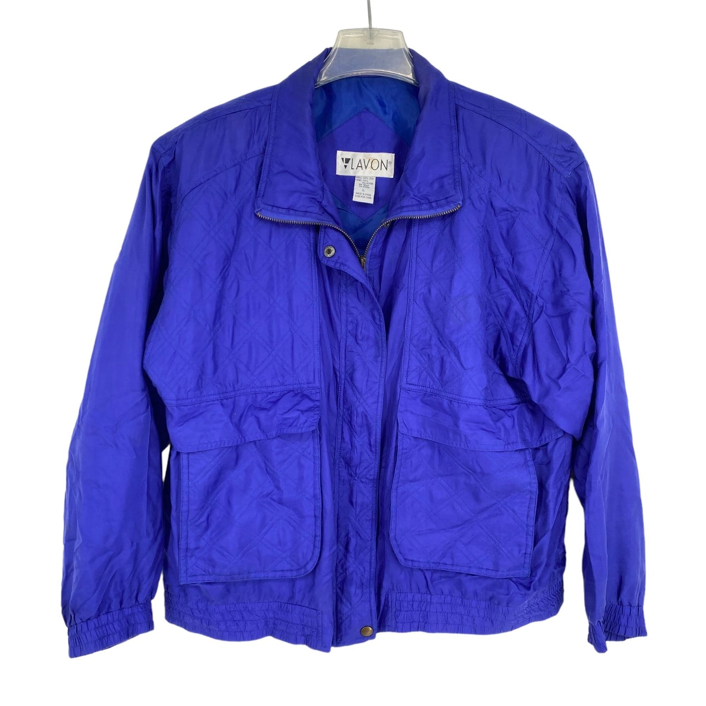 Vintage Lavon Womens L Royal Blue Silk Full Zip Jacket Front Pockets Collar 90s