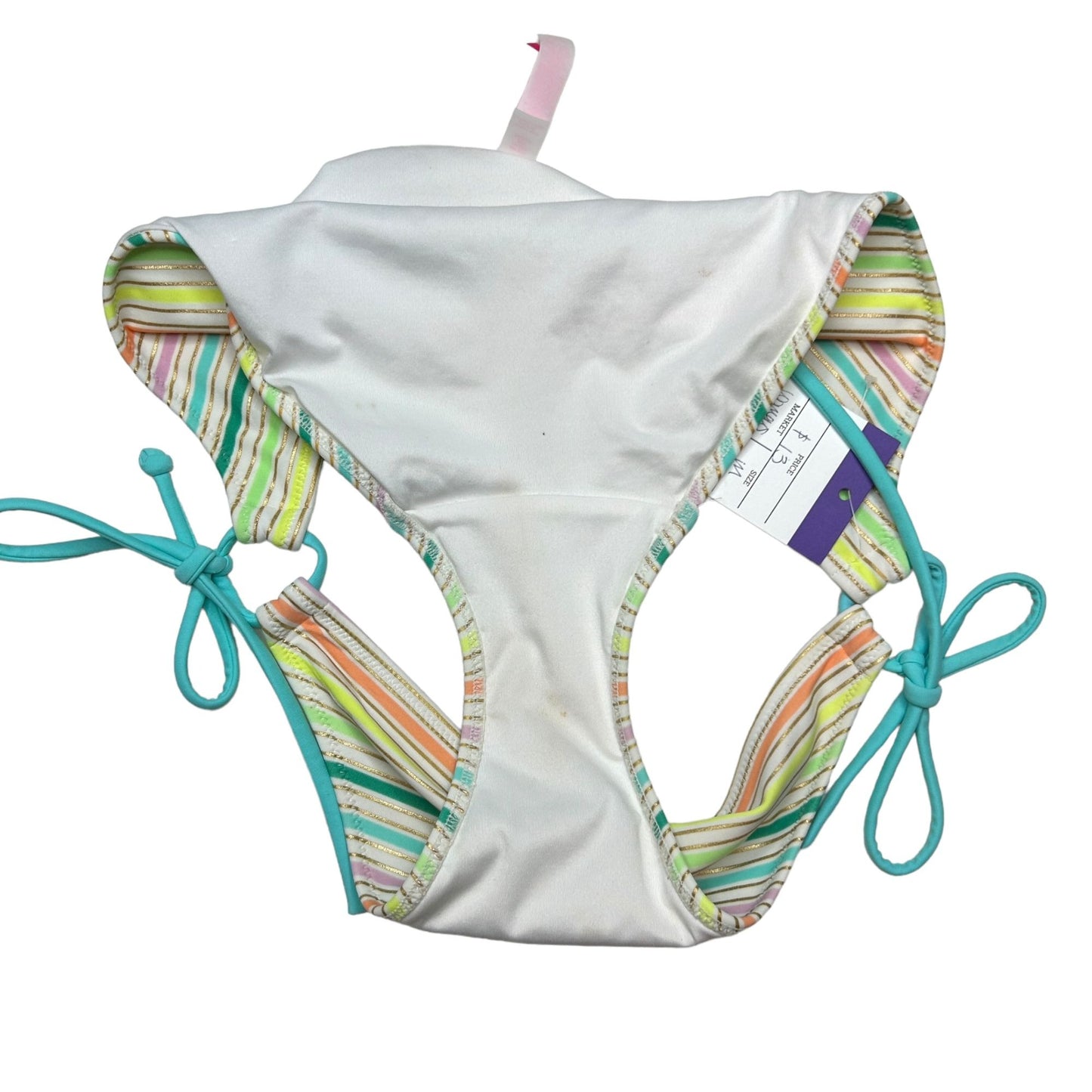 Victorias Secret M Rainbow String Bikini Bottom Metallic Gold Striped Side Tie