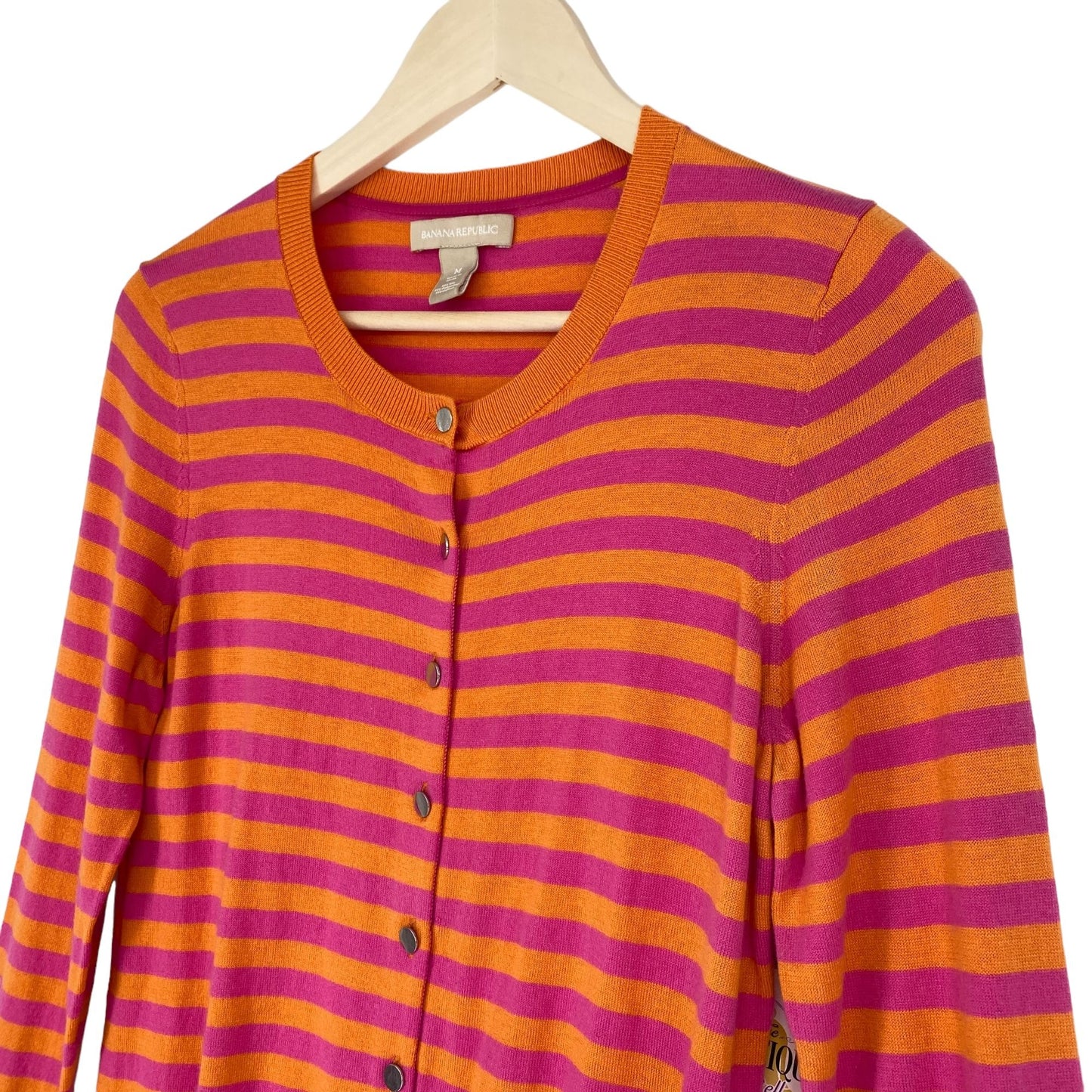 Banana Republic Womens M Front Button Cardigan Sweater Pink Orange Striped Silk