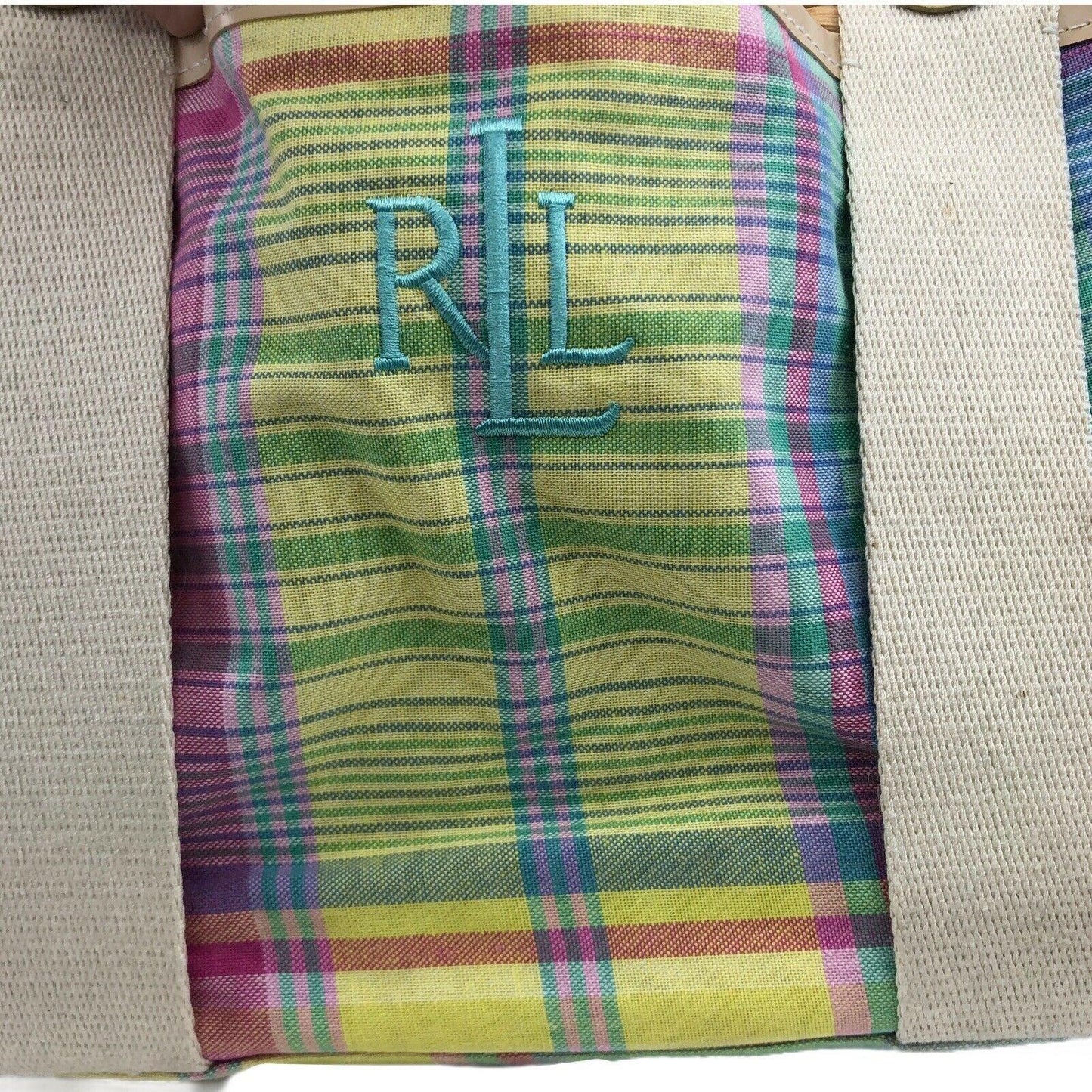 LRL Ralph Lauren Madras Plaid Tote Bag Picnic Basket Wicker Straw Preppy Beach