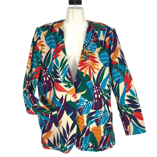 Vintage Jones New York Linen Blazer 12 One Button Colorful Tropical Lined Jacket