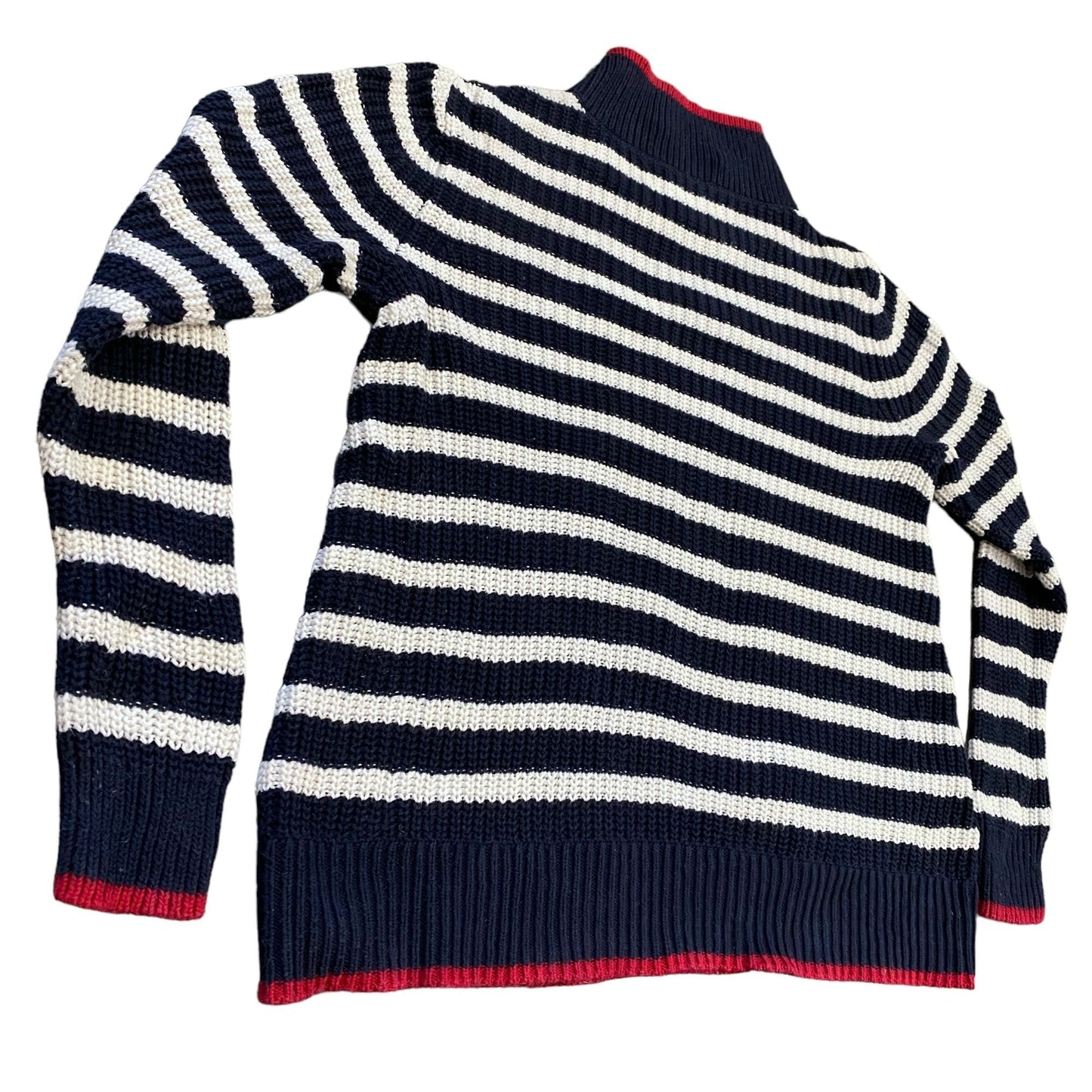 LOFT S Striped Sweater Blue Red White Mock Neck Boyfriend Cable Knit Ribbed