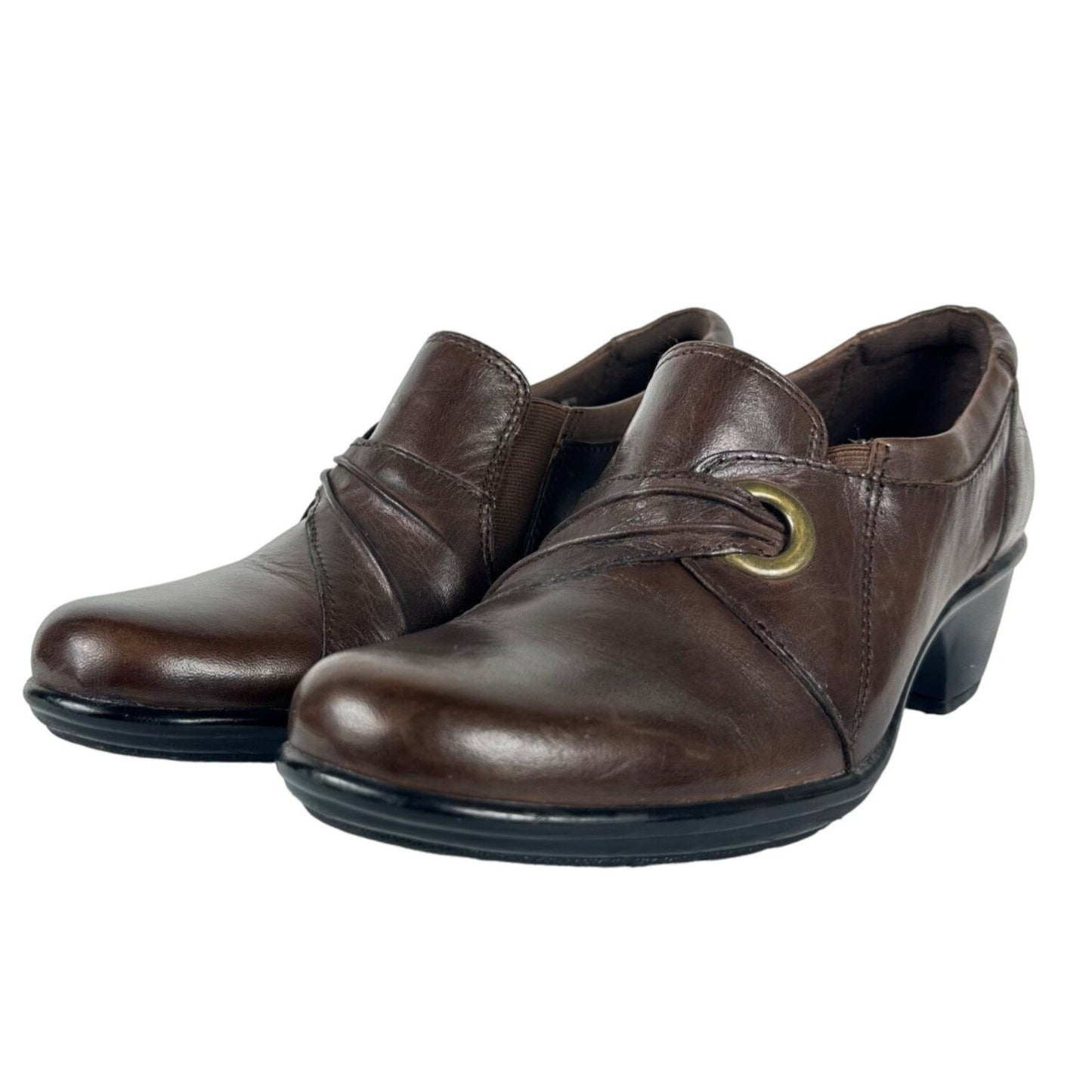 Clarks Bendables Heeled Loafer Clogs Wished Trance 8M Brown Leather Slip On