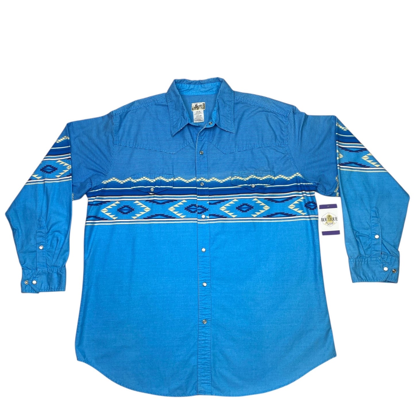 VTG Express Rider Mens 2XL Blue Pearl Snap Shirt Western Cowboy Aztec Print