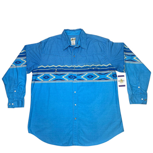 VTG Express Rider Mens 2XL Blue Pearl Snap Shirt Western Cowboy Aztec Print