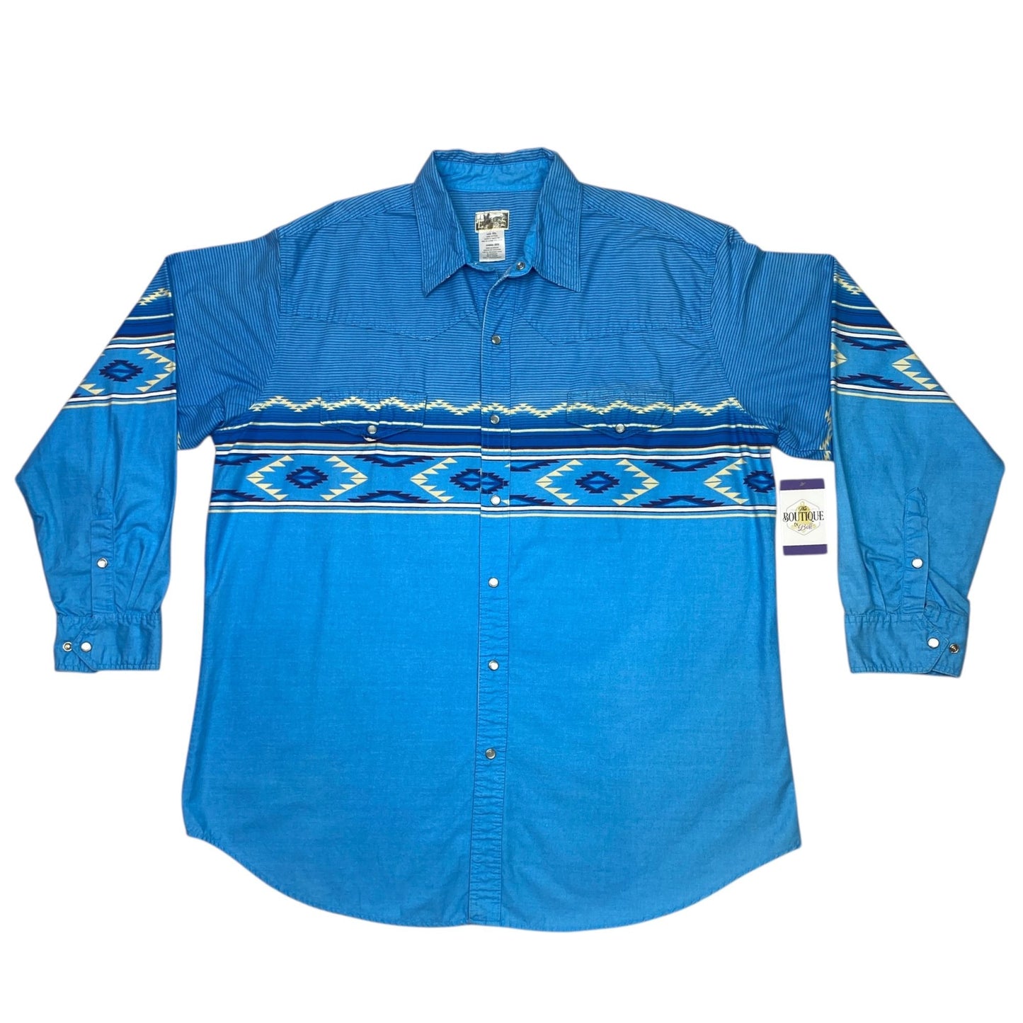 VTG Express Rider Mens 2XL Blue Pearl Snap Shirt Western Cowboy Aztec Print