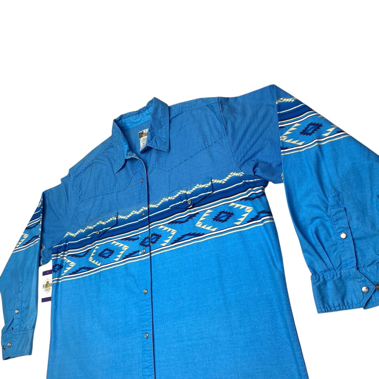 VTG Express Rider Mens 2XL Blue Pearl Snap Shirt Western Cowboy Aztec Print