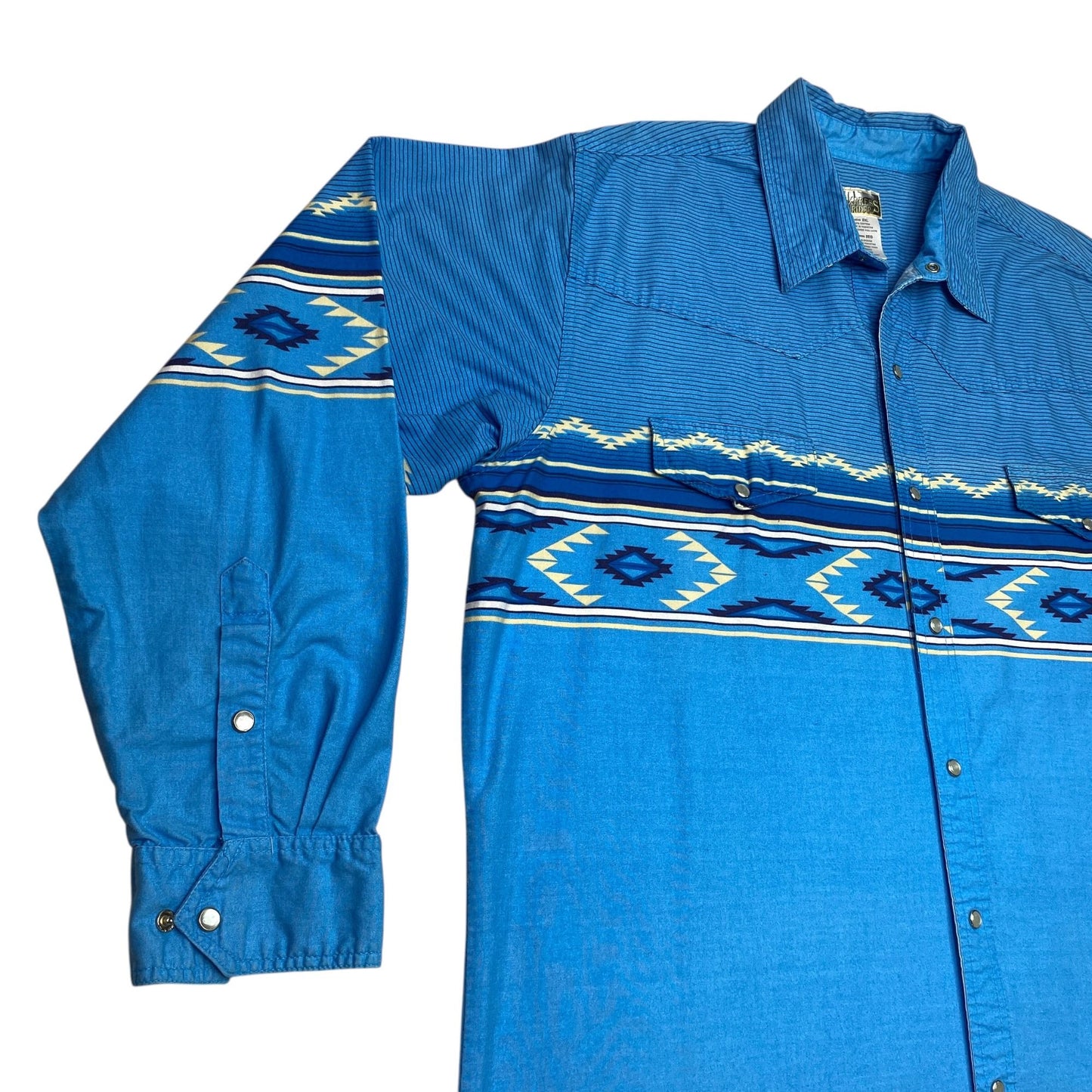 VTG Express Rider Mens 2XL Blue Pearl Snap Shirt Western Cowboy Aztec Print