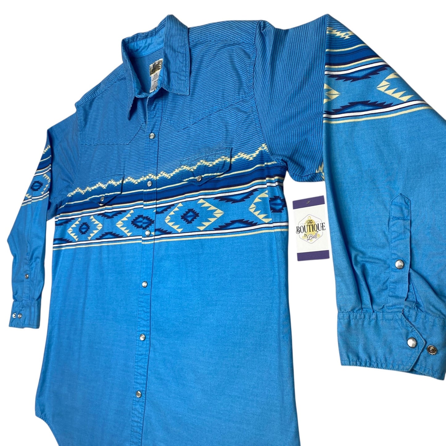 VTG Express Rider Mens 2XL Blue Pearl Snap Shirt Western Cowboy Aztec Print