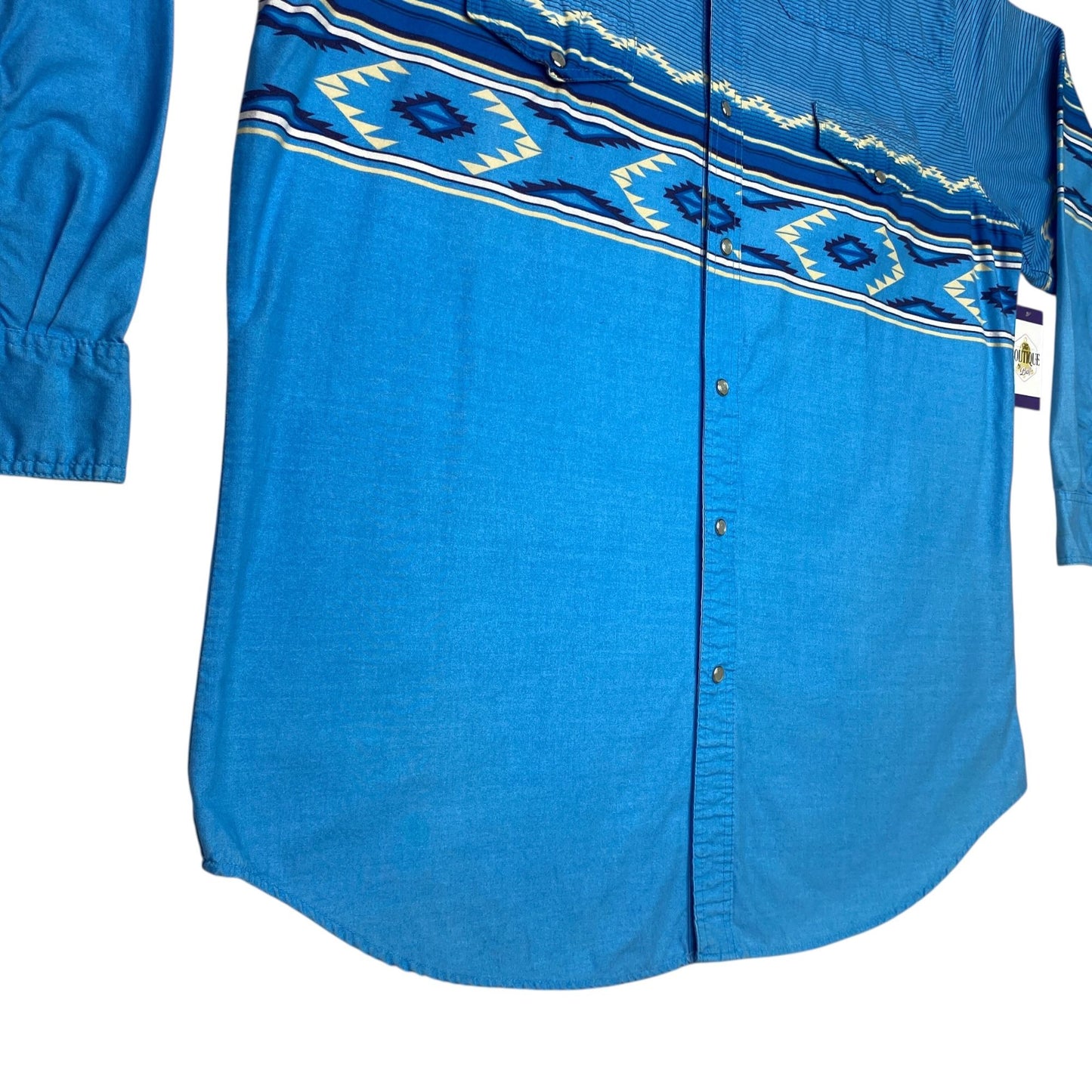 VTG Express Rider Mens 2XL Blue Pearl Snap Shirt Western Cowboy Aztec Print