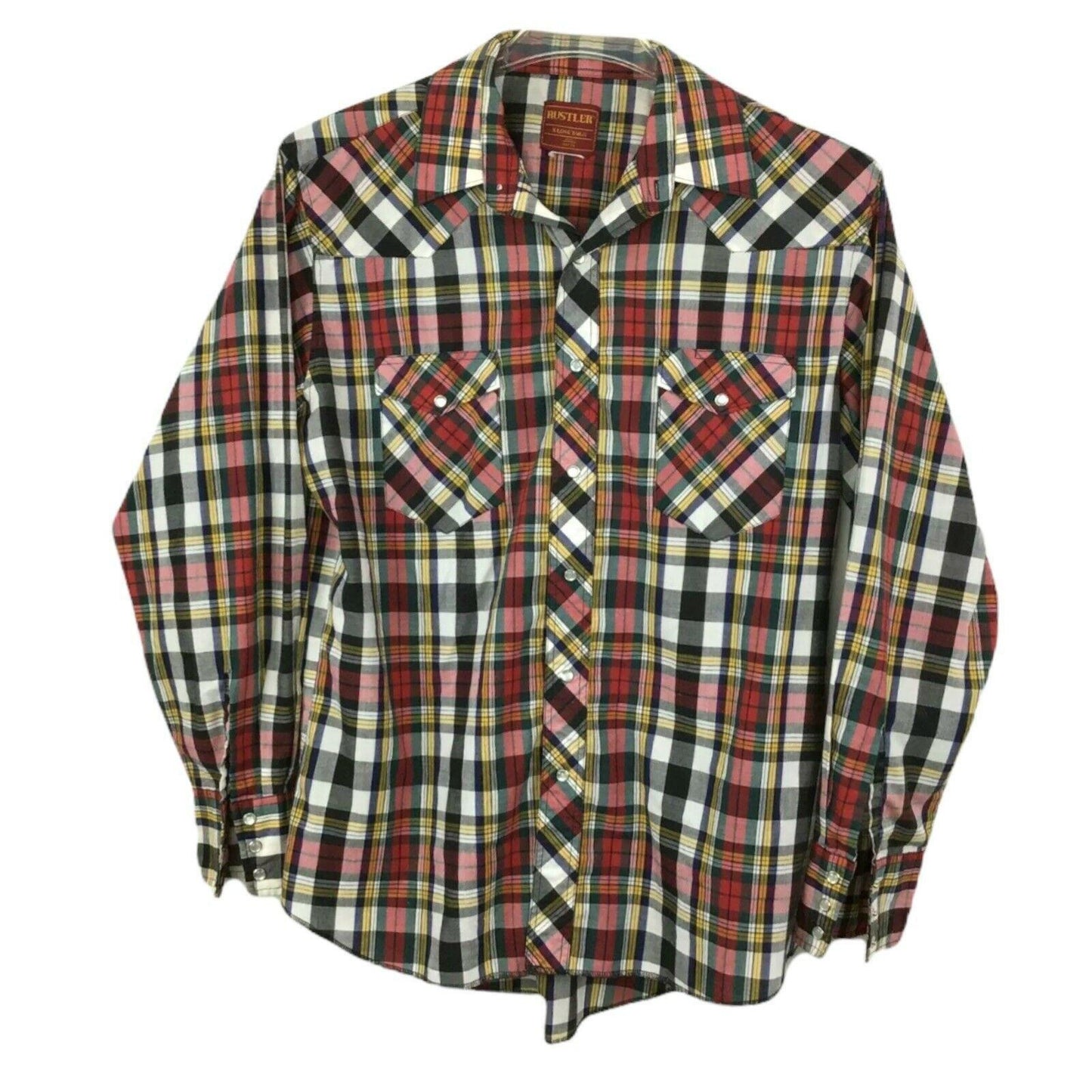 Rustler Mens 16.5 34/35 Pearl Snap Plaid Button Up Shirt Long Sleeve XLong Tails