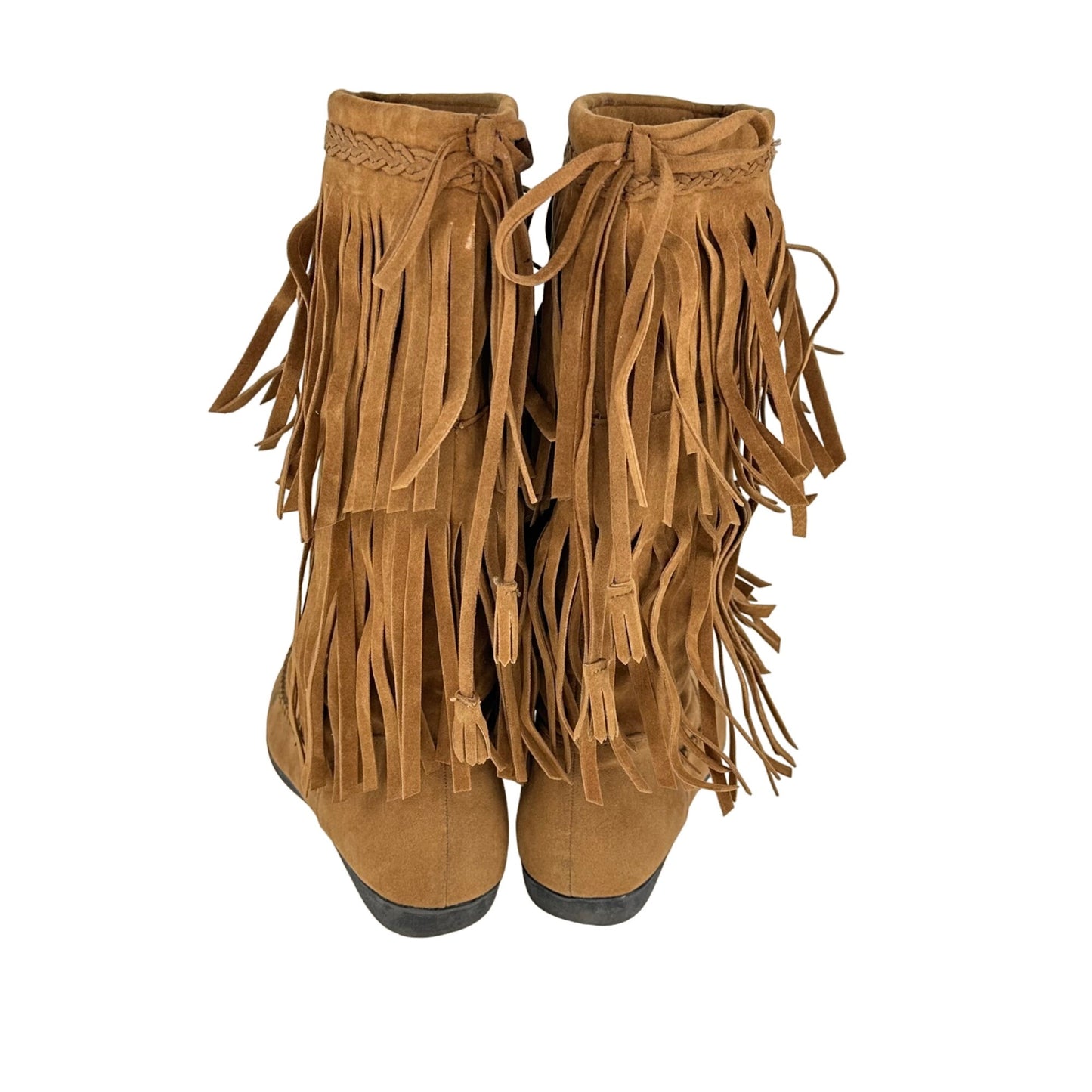 Rampage Womens 7.5 Cantrell Brown Fringe Pull On Boot Mid Calf Boho Hippie 70s