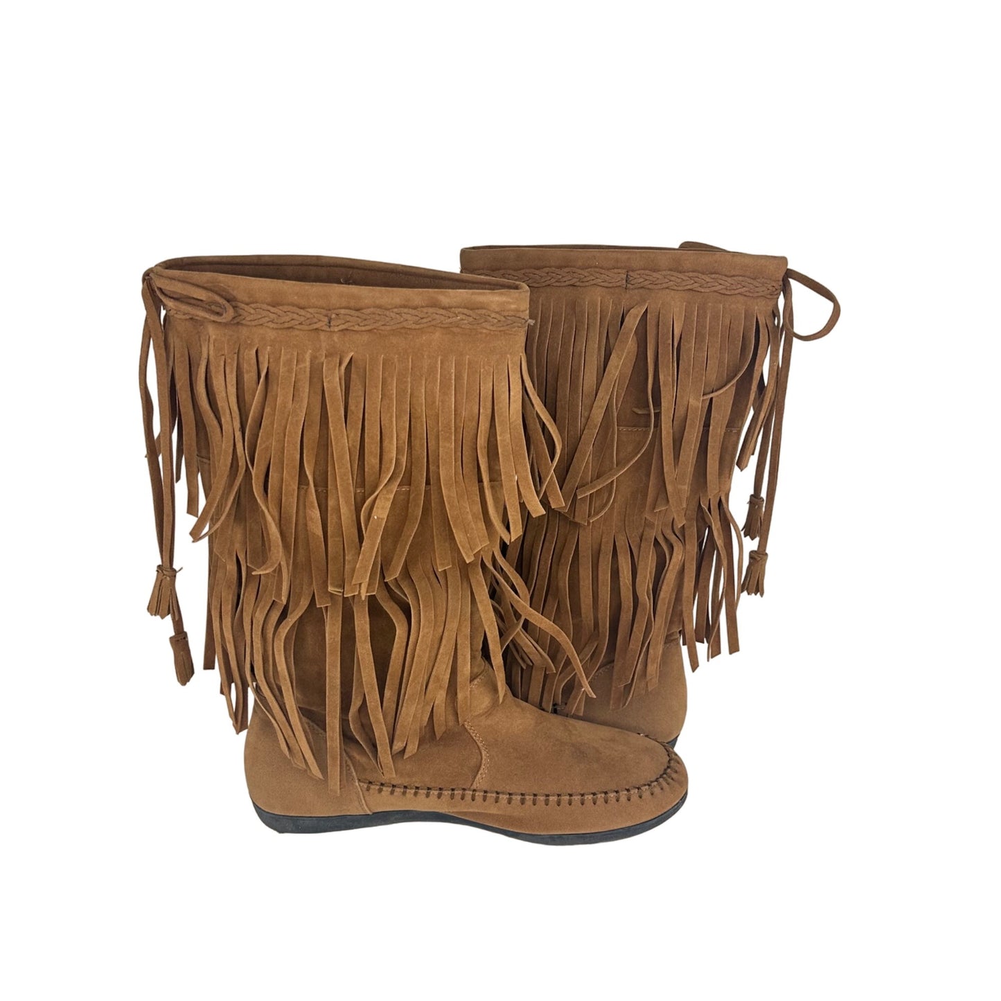 Rampage Womens 7.5 Cantrell Brown Fringe Pull On Boot Mid Calf Boho Hippie 70s