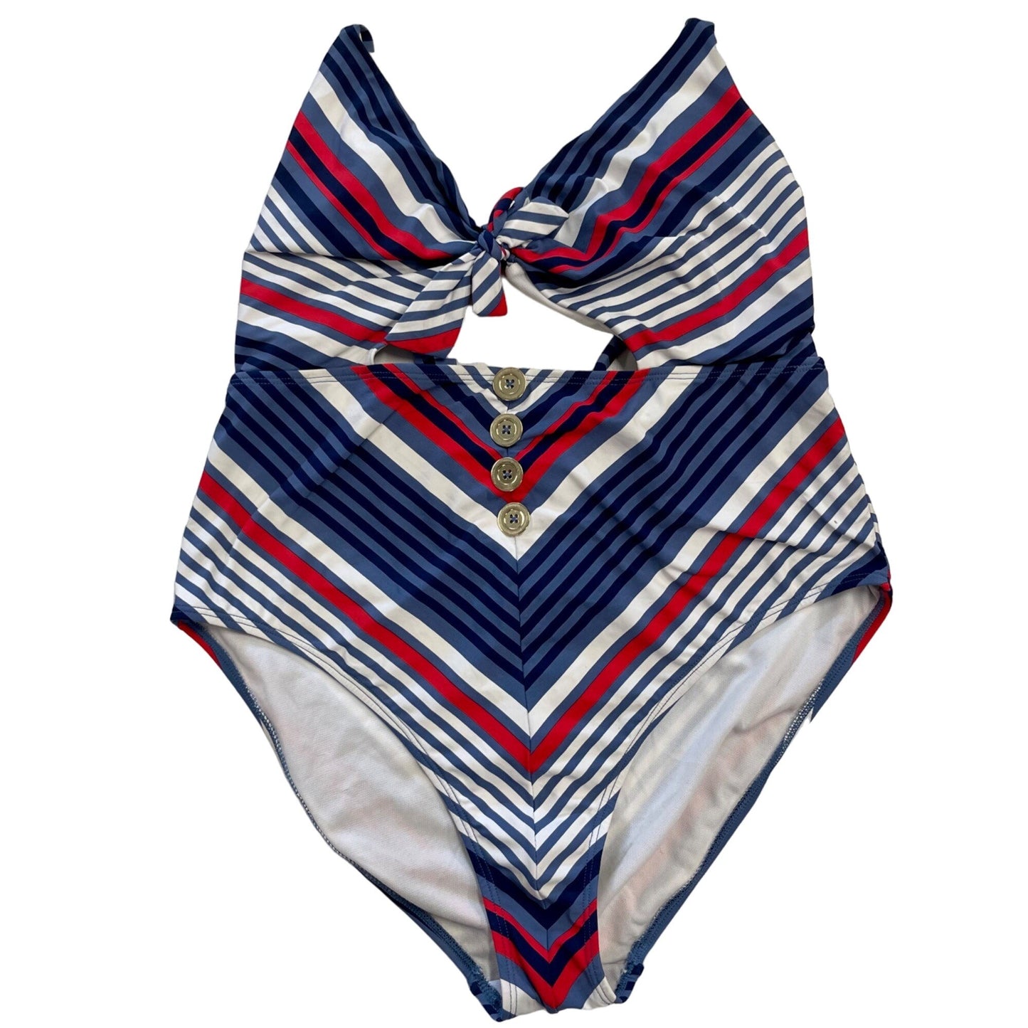 Time Tru L One Piece Swim Suit Red White Blue Patriotic Sailor Cutout Peep Vneck