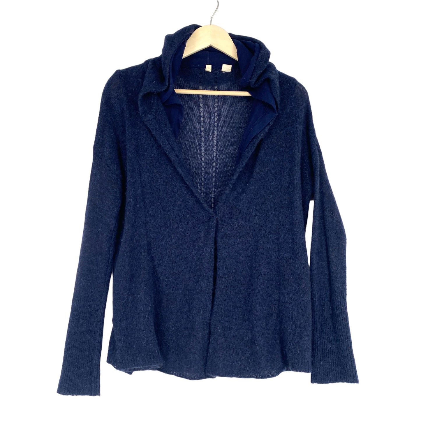 Anthropologie Moth Womens S Navy Blue Cardigan Hoodie Sweater Alpaca Wool