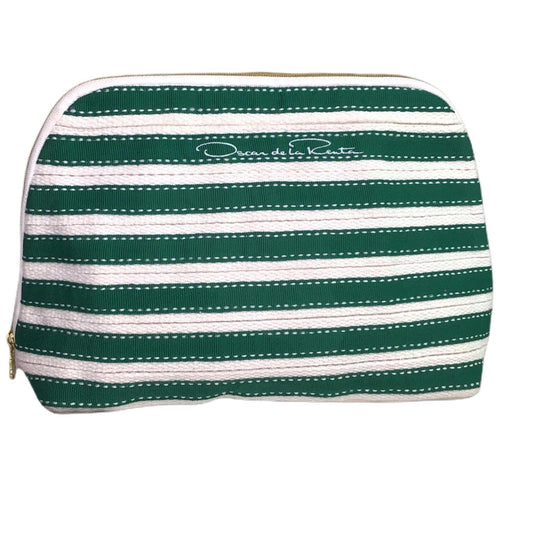 Vintage Oscar de la Renta MakeUp Bag Travel Bag Green White Stripe Zip Closure