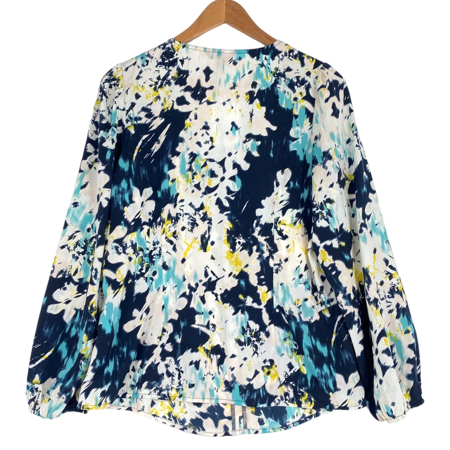 NWT Banana Republic L Top Abstract Floral Career Navy Long Sleeve Ruched VNeck