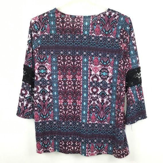 Kim Rogers 1X Boho Peasant Blouse Purple Pink Teal Pattern Quarter Sleeve Shirt